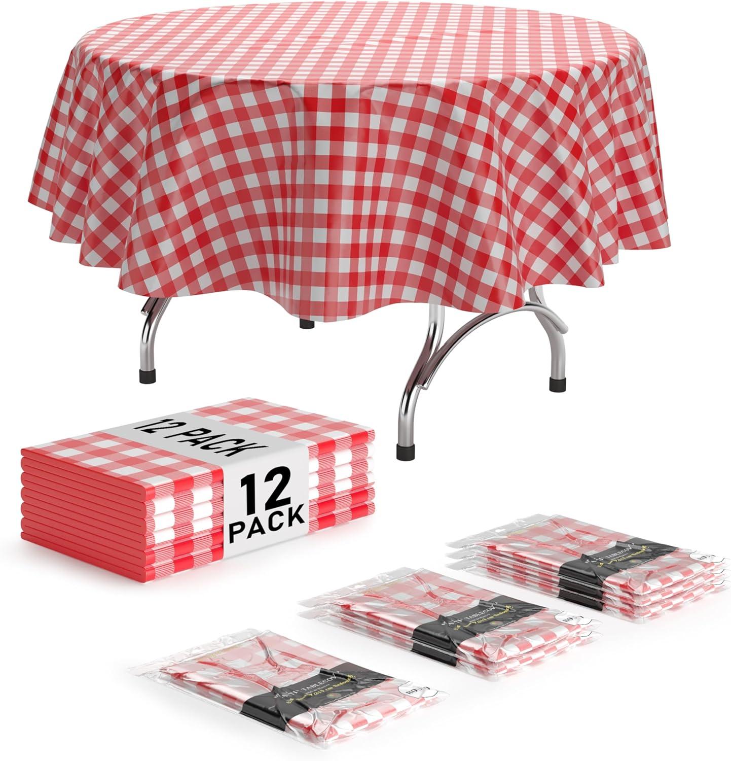 12 Pack Premium Rectangular Plastic Checkered BBQ Tablecloth - Red & White Gingham Checkerboard Disposable Plastic Tablecloth 86.6 inch. Rectangular