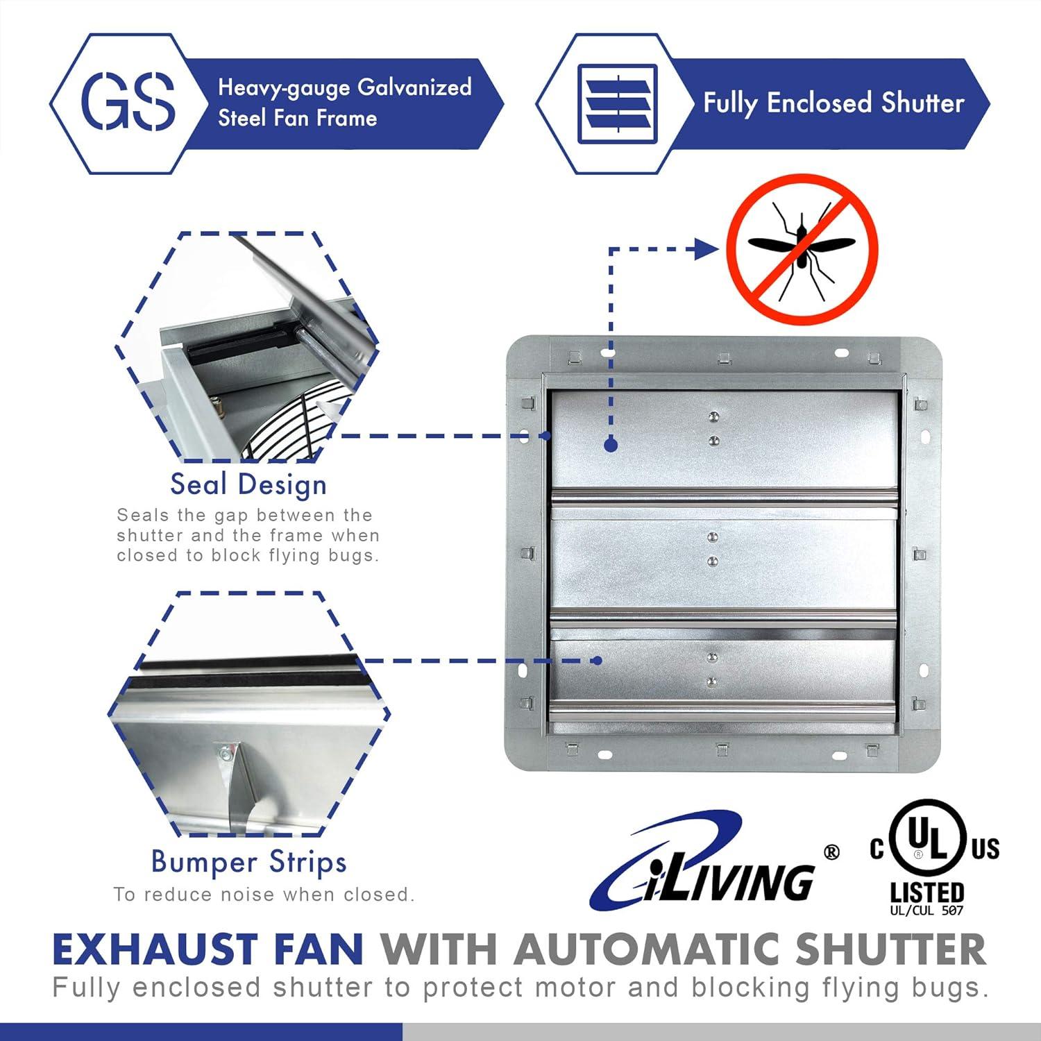 iLiving 12" Silver Wall-Mounted Shutter Exhaust Fan, 960 CFM