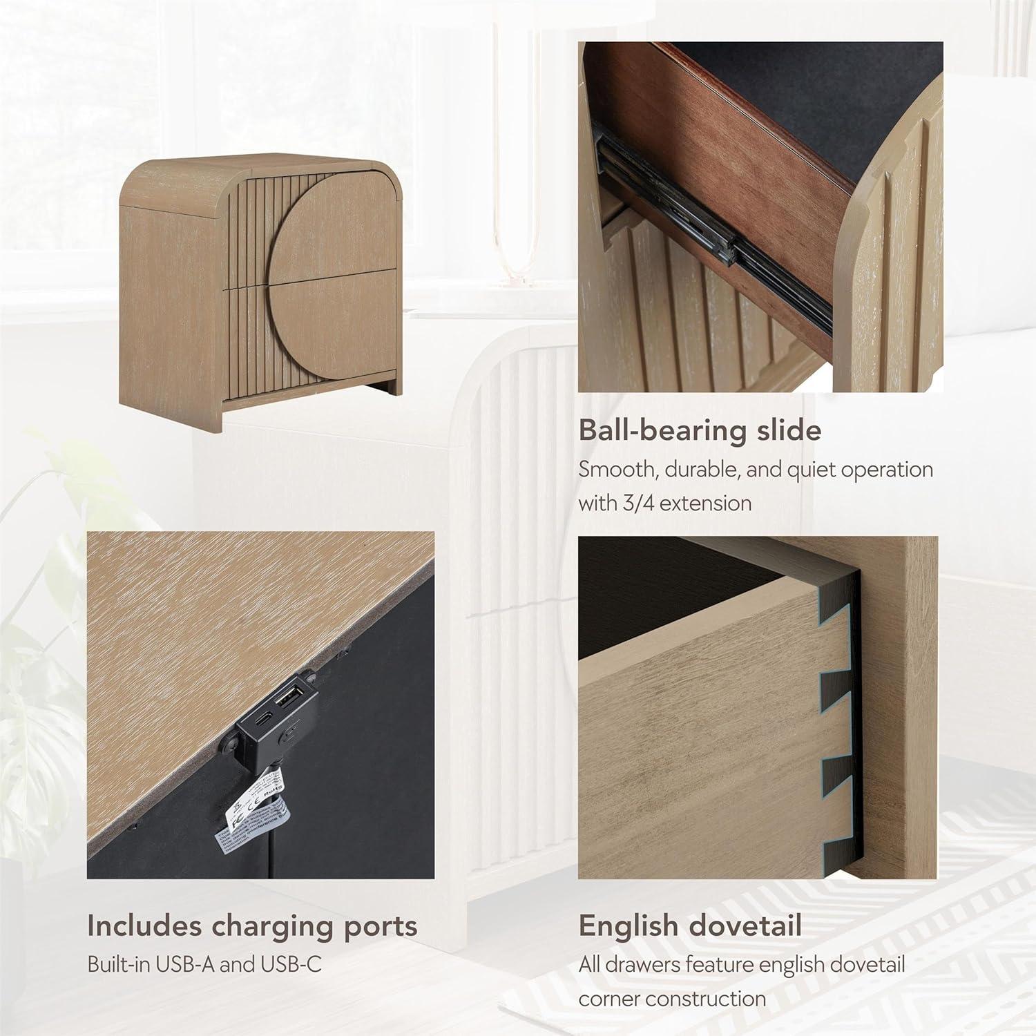 Furniture of America Tissen Modern Solid Wood 5-Piece Queen Bedroom Set with USB Ports, Reeded Panels, Curved Edges and Beveled Mirror, Box Spring Needed, Natural