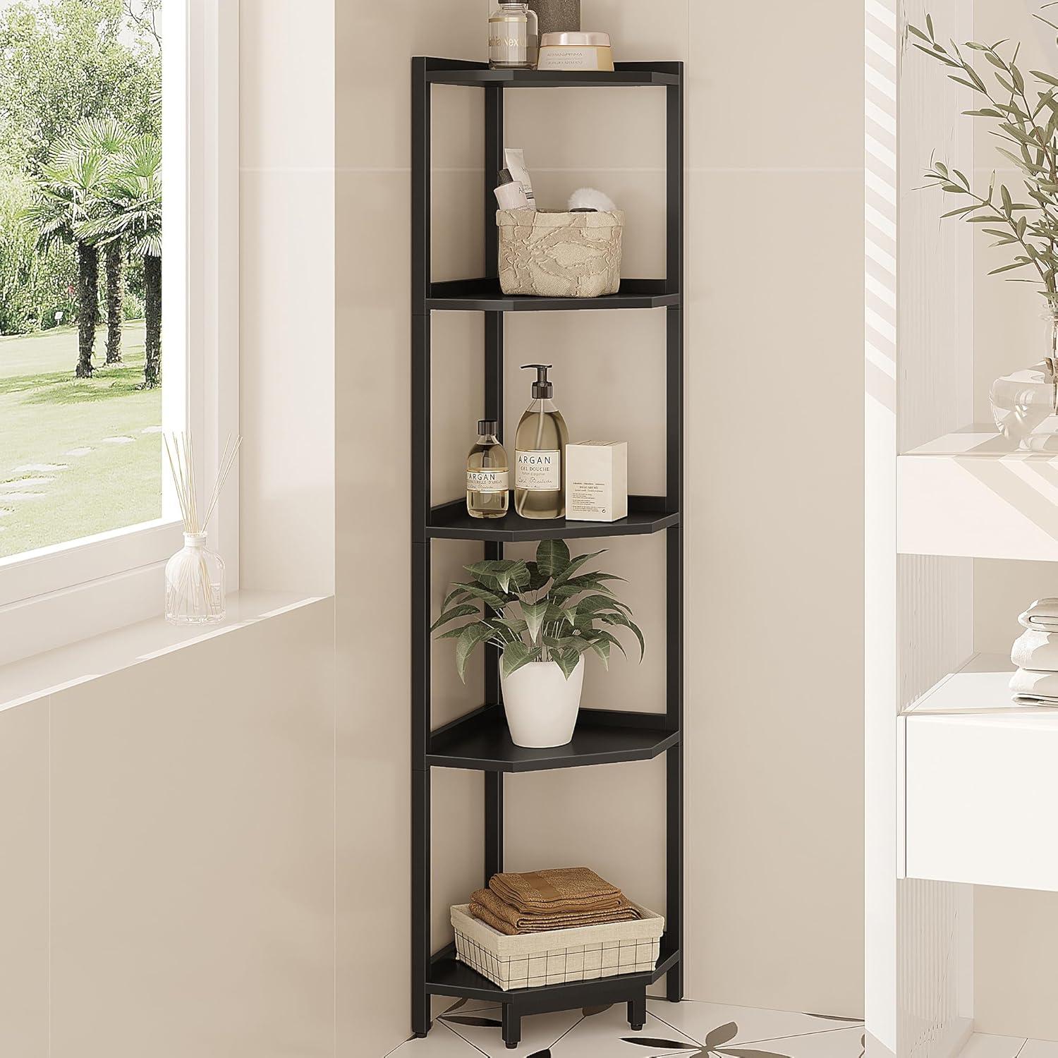 Black 5-Tier Adjustable Corner Shelf with Metal Frame