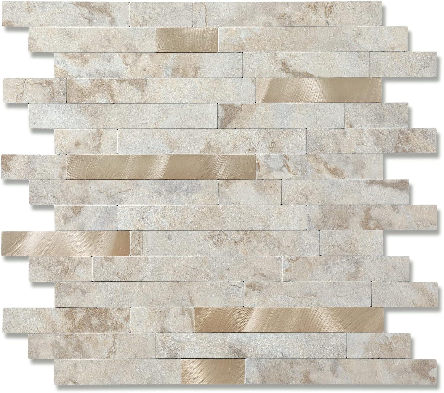 10-Pack Peel and Stick Tile Backsplash 12"X12" PVC Wall Tiles, Stick on Backsplash for Kitchen, Bathroom Tile, Fireplace Décor, Laundry Table, Stair Decals in Cala Golden