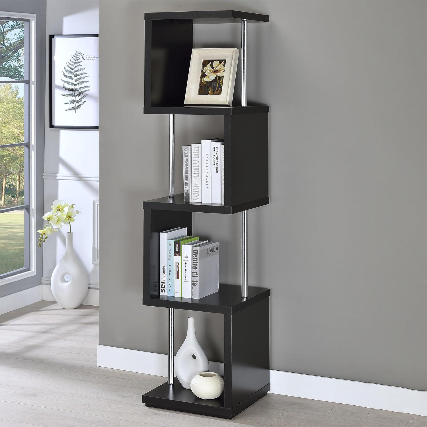 66.5" Baxter 4 Shelf Zig Zag Bookcase with Chrome Details Black - Coaster: Modern Storage Display