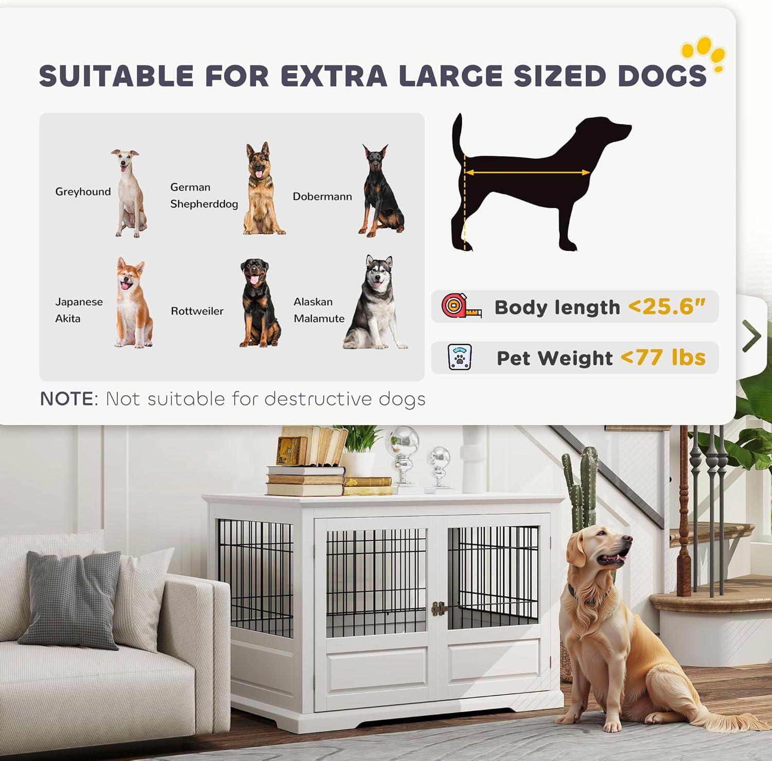 PawHut Dog Crate Furniture, 43" Dog Kennel End Table with 3 Doors, Removable Tray, for Extra Large Medium Small Dogs, Indoor Use, White