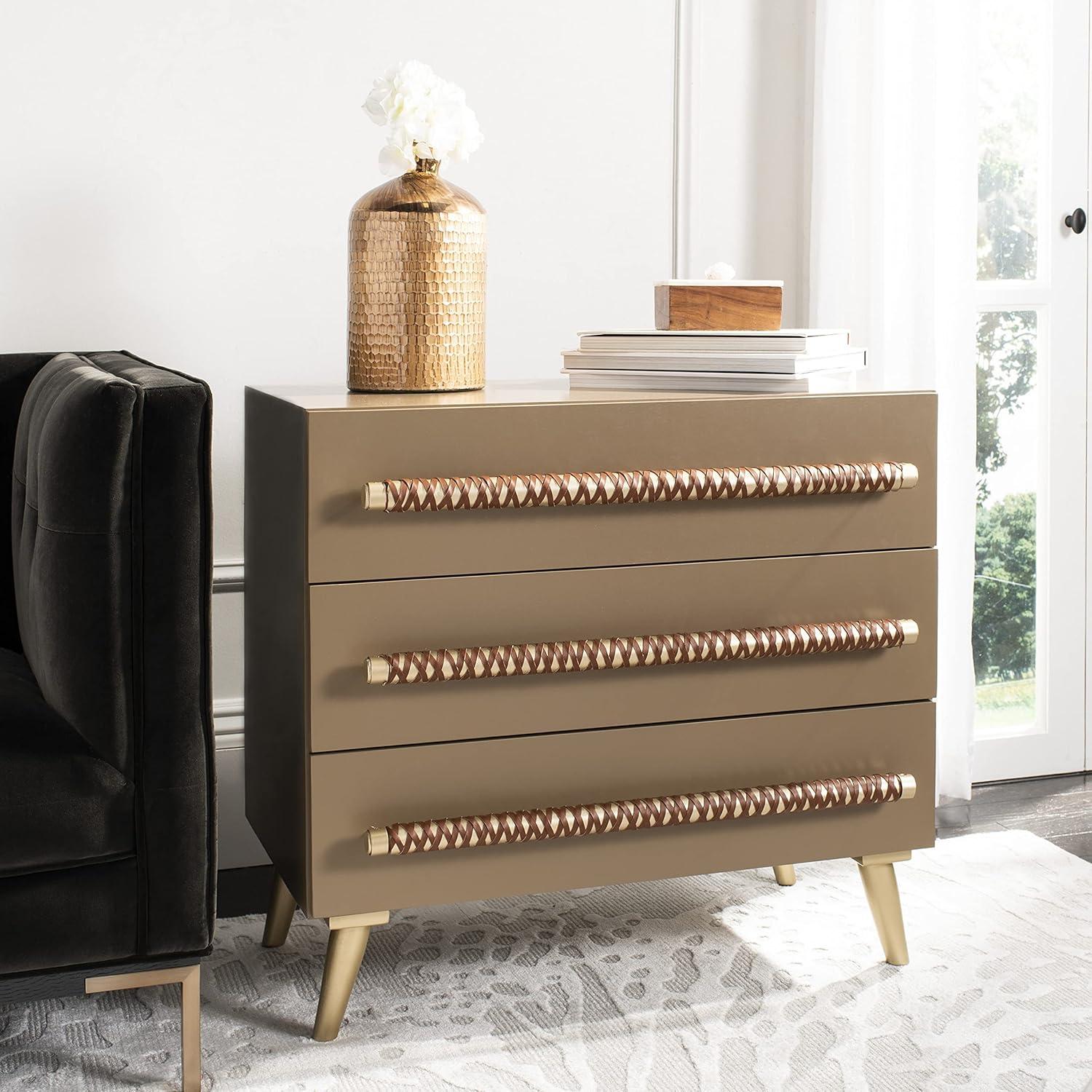 Raquel 3 Drawer Chest - Taupe/Gold/Brown Faux Leather - Safavieh.