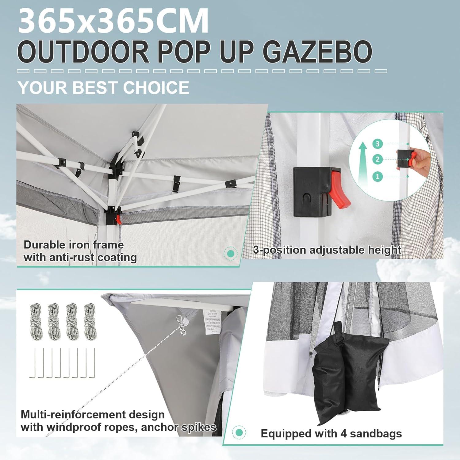 COBIZI 12'x12' Pop-up Gazebo Patio Gazebo Outdoor Gazebo Canopy with Mosquito Netting Patio Tent Backyard Canopy with 2-Tiered Vented Top 3 Adjustable Height and 144 Square ft of Shade, Gray