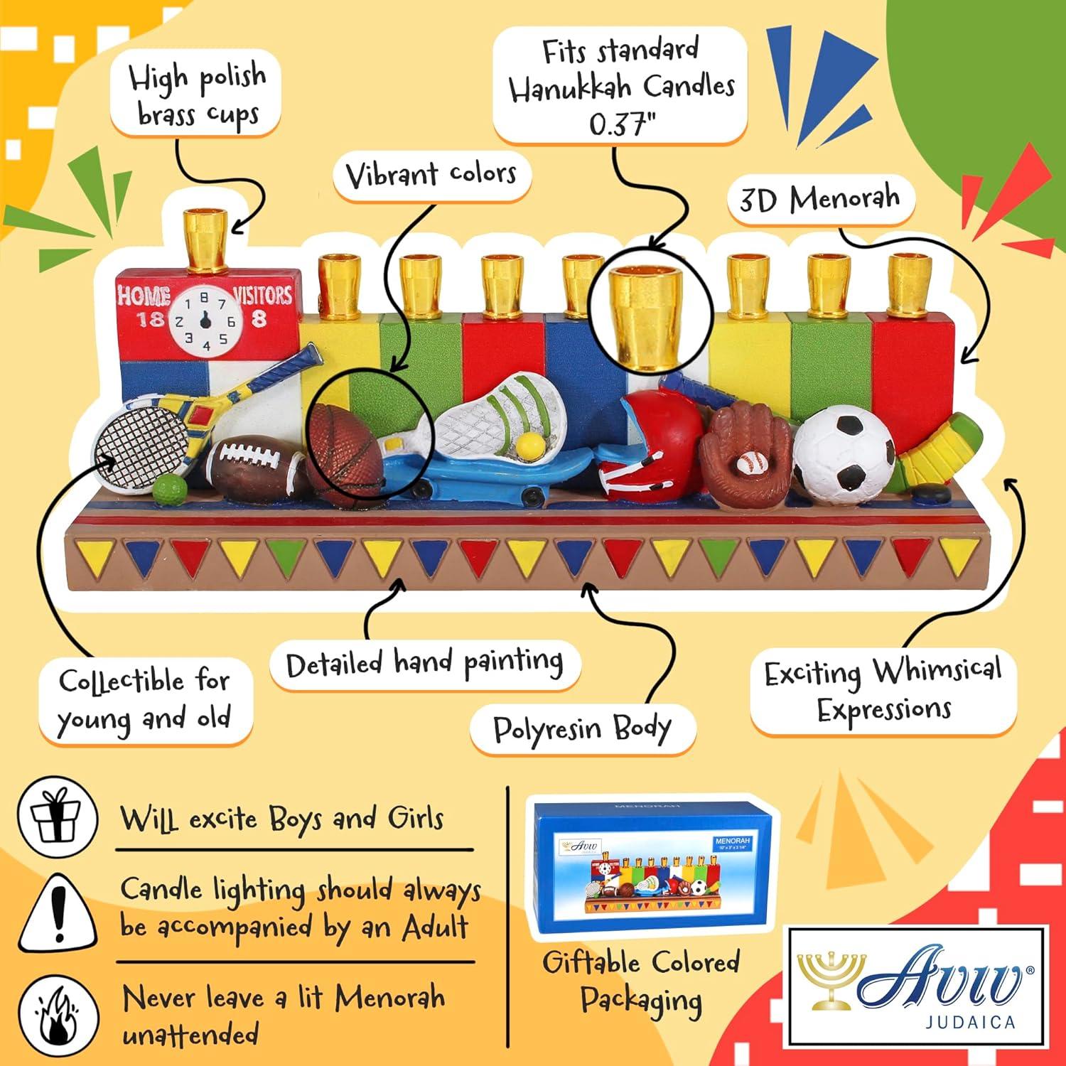 Aviv Judaica Hanukkah Sports Menorah for Kids Polyresin Chanukah Candles Menorah for Children 3D Sculptured Boys & Girls Ball Games Hanukkiah Baseball Hanukkiah Basketball Chanukiah Football Minorah