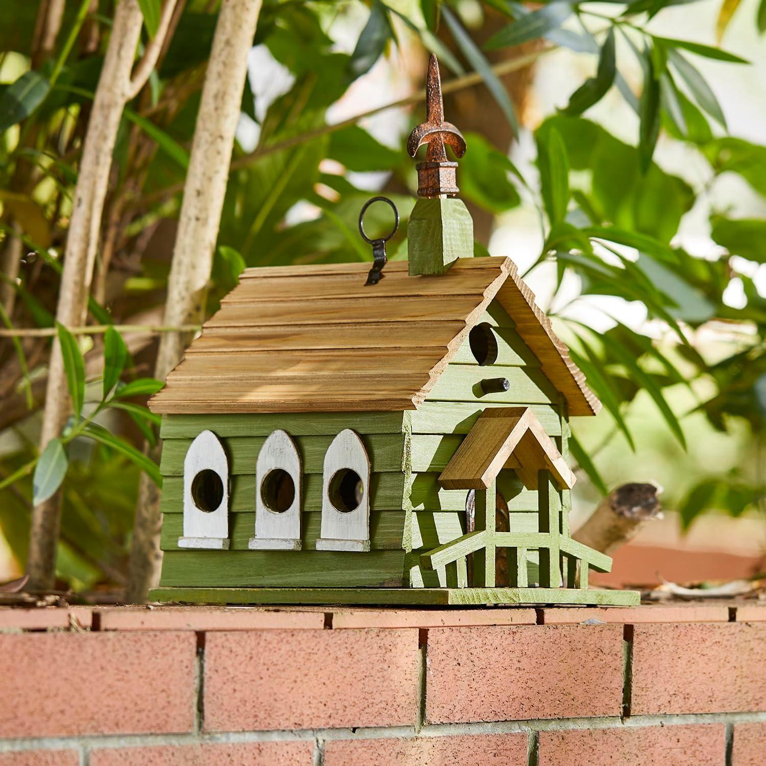 Green Hand Painted Wood Birdhouse with Distressed Details