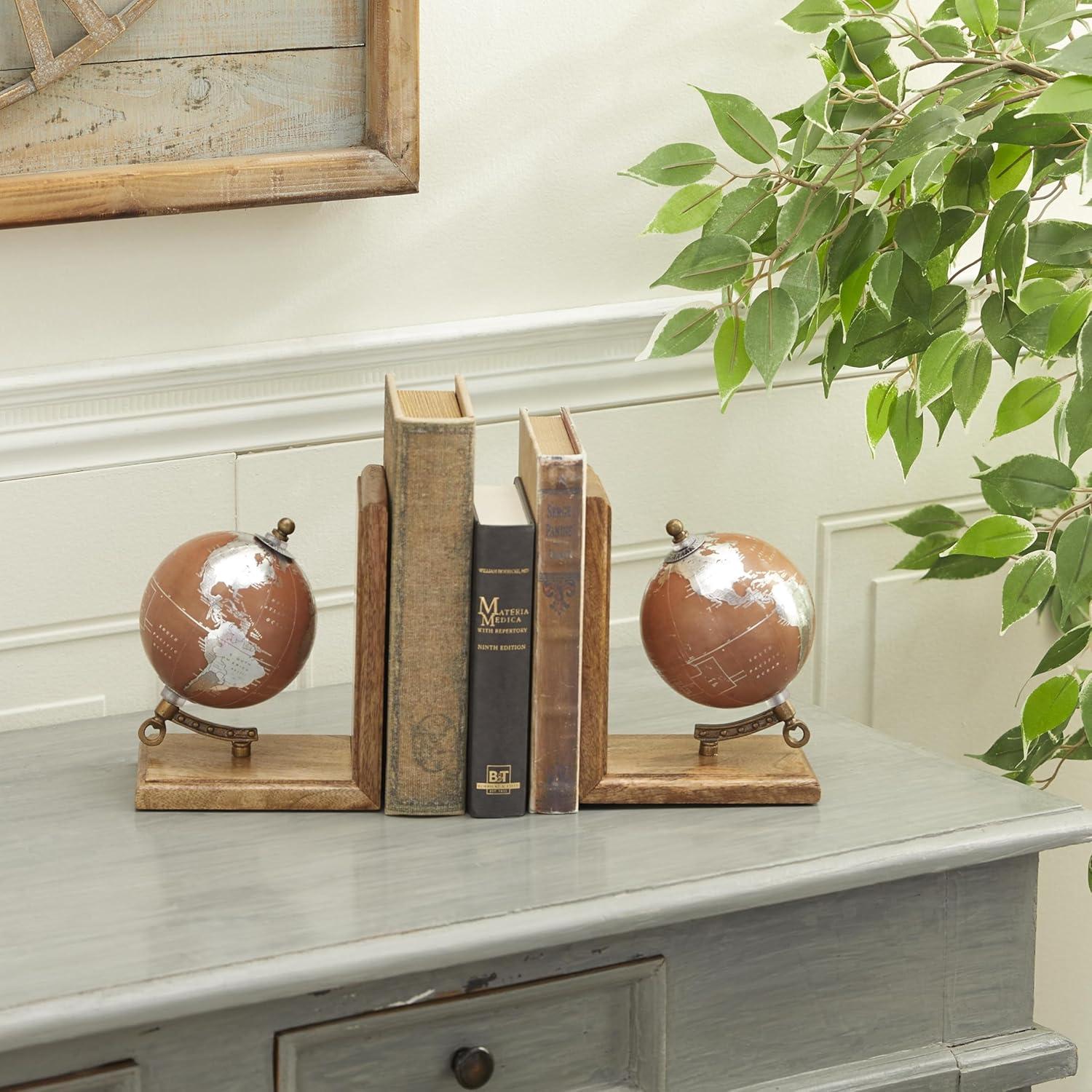 Brown Wood and Glass Globe Bookends Set of 2