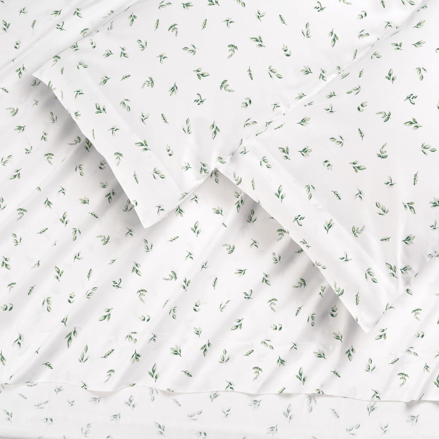 Elegant Cotton 100% Organic Cotton Printed Sheet Set - 4-Piece Set - Green Leaves, King Size