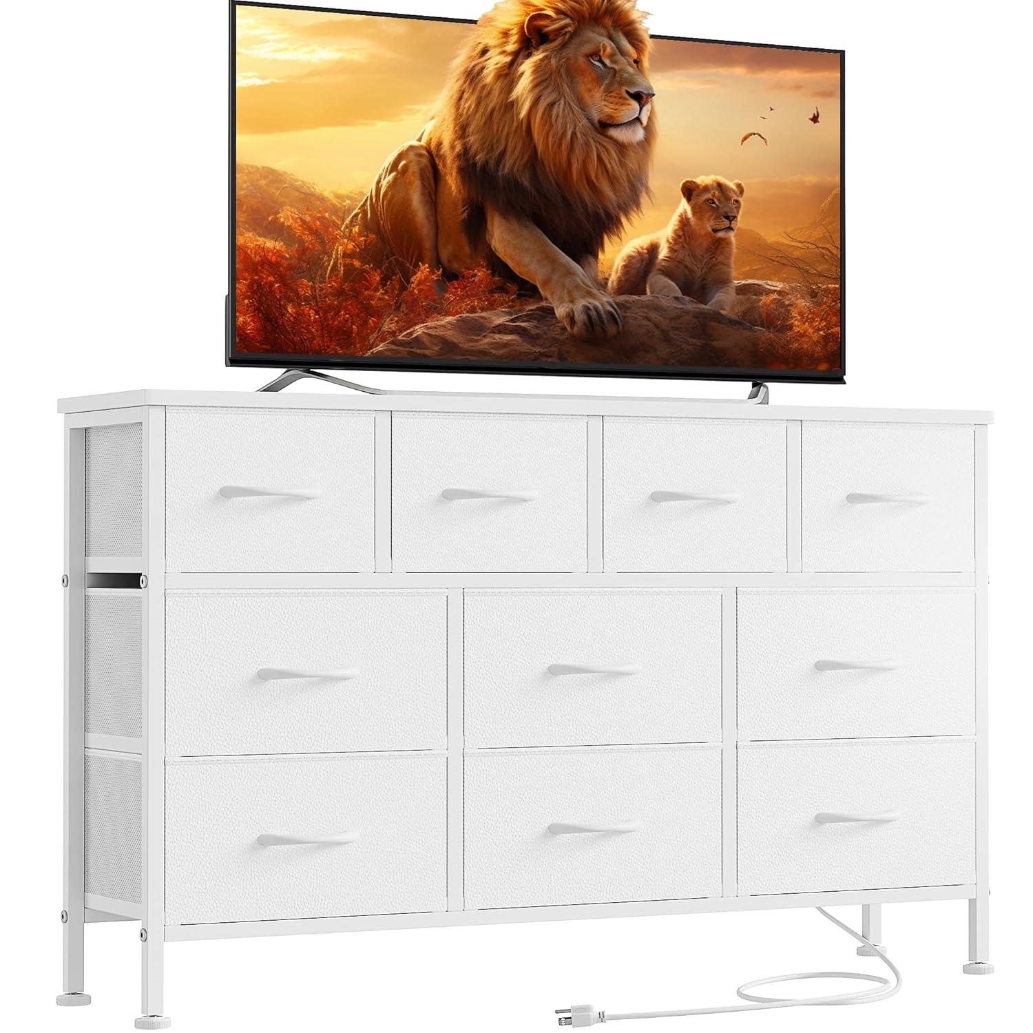 Lulive 10 Drawer White Dresser for Bedroom, Dresser TV Stand with Power Outlet, Entertainment Center Chest of Drawers for 55'' Long TV, Wide Fabric Dresser for Storage and Organization (White)