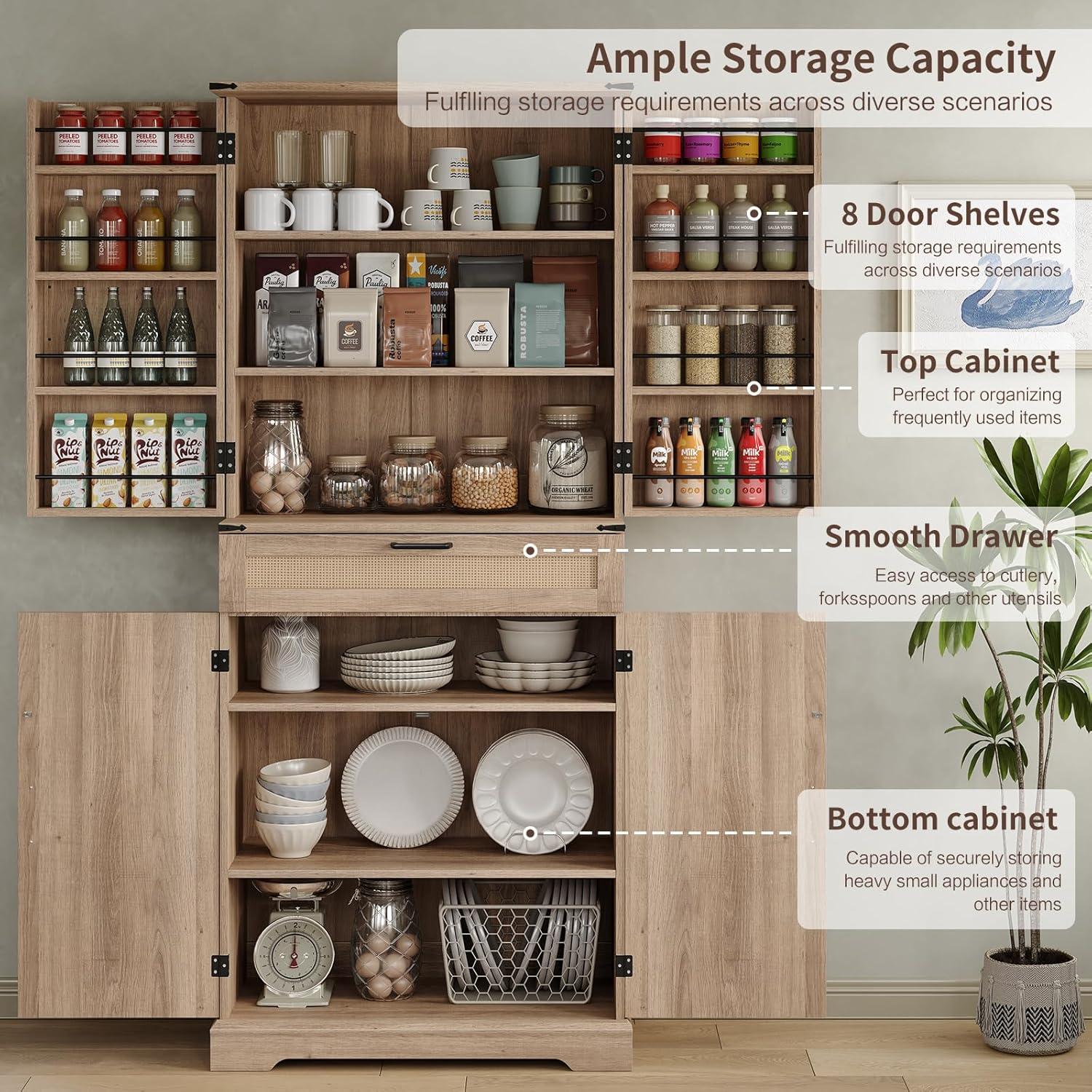 72'' Kitchen Storage Pantry Cabinet, Tall Deajah With 8 Door Shelves, 2 Cabinets And 1 Drawer, Freestanding Cupboard For Kitchen, Dining Room, Bathroom, Laundry