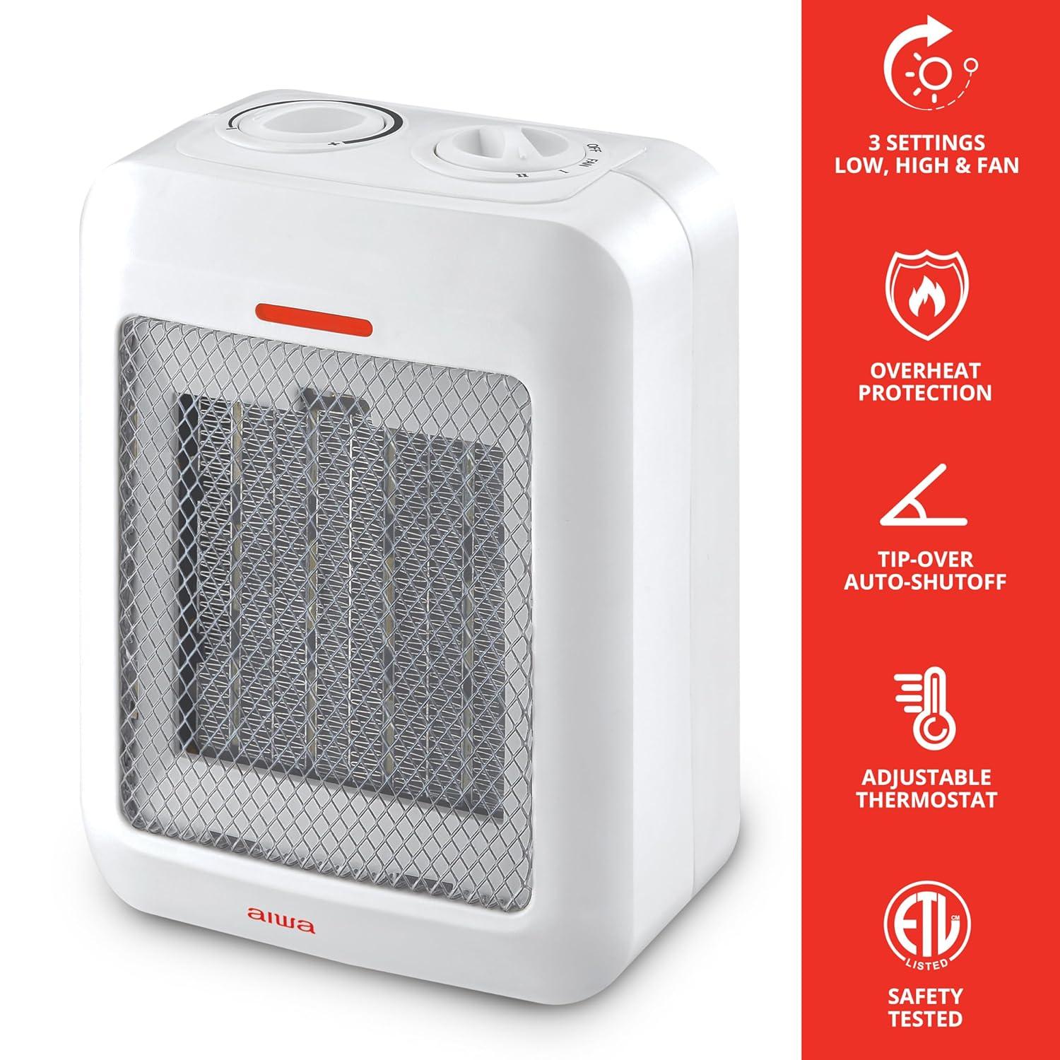 Aiwa 1500W Pequeño Calentador de Cerámica, Protección contra Sobrecalentamiento, Apagado Automático - Negro