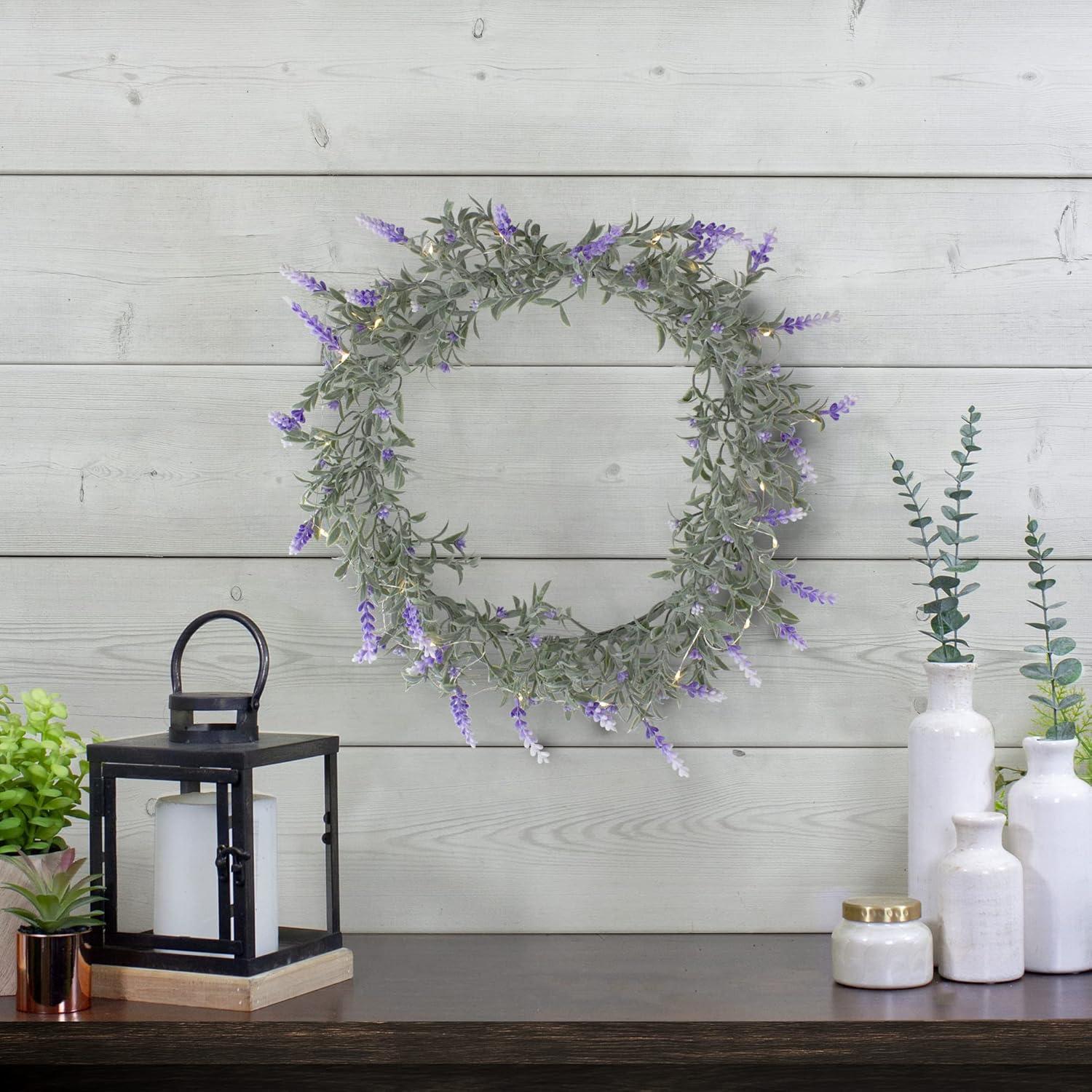 Northlight Pre-Lit Battery Operated Lavender Spring Wreath- 16" - White LED Lights