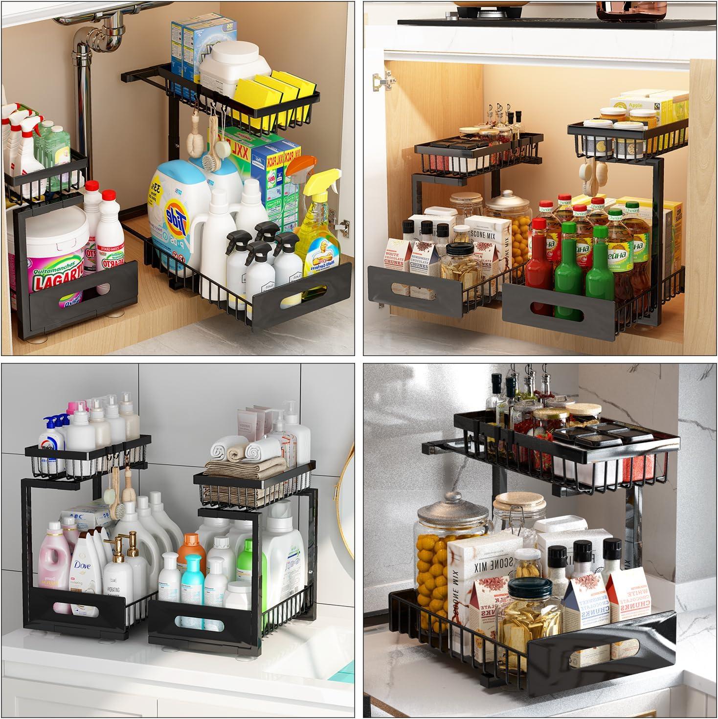 Under Sink Organizers and Storage, 2 Pack Pull Out Kitchen Bathroom Cabinet Organizer, 2 Tier Black Under Sink Storage for Bathroom Kitchen, Under Counter Storage Organizer with 8 Hooks