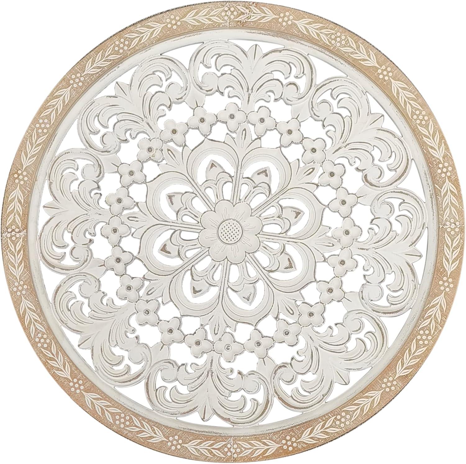 Parisloft 25 Inch Round Carved Wood Wall Decor, Natural Wood and Distressed White Finish,MDF with veneer, Farmhouse Wood Wall Decor for Living Room, Bedroom