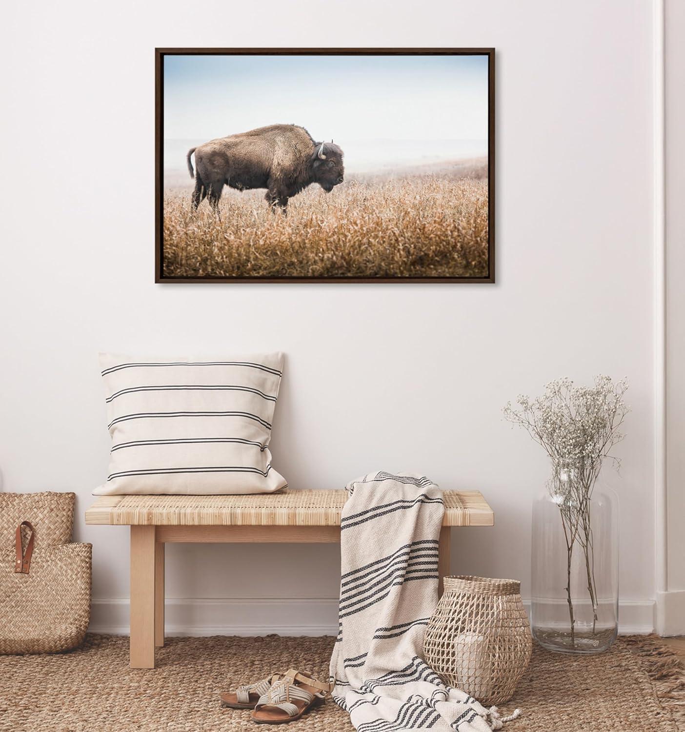 Kate & Laurel All Things Decor Sylvie American Bison Buffalo in Prairie Grass Framed Canvas Wall Art Brown