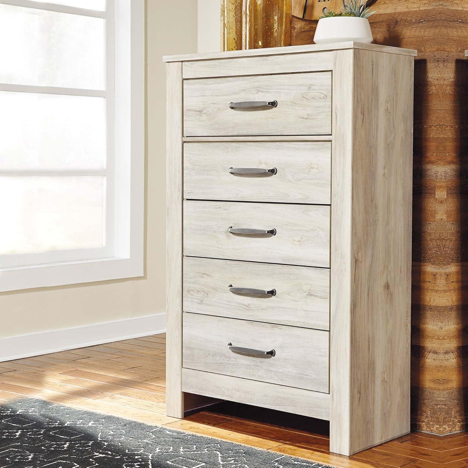 Bellaby 5 Drawer Chest White - Signature Design by Ashley: Farmhouse Style, Brushed Nickel-Tone Handles