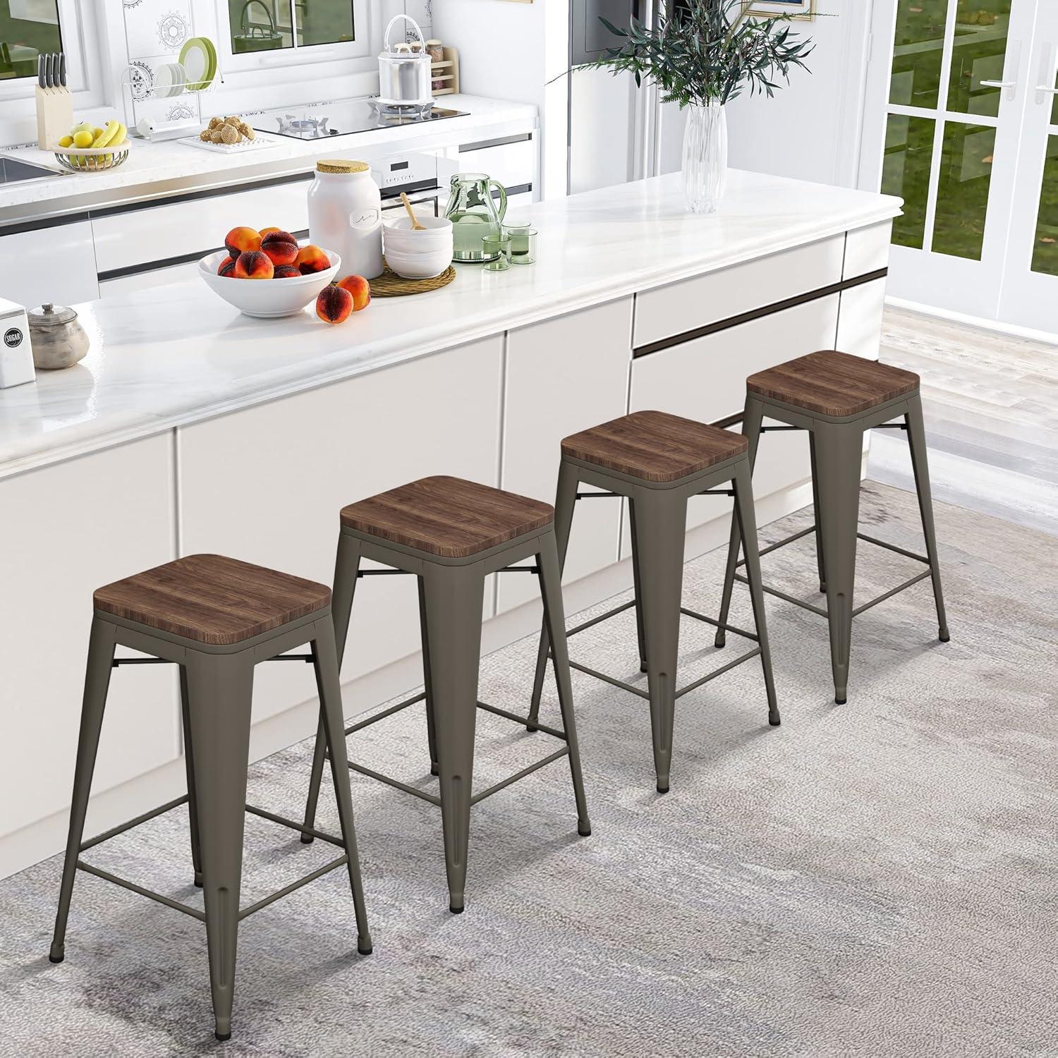 WENTMENT Bar Stools Set of 4 Counter Height Bar Stools Metal Barstools with Removable Back 30" Kitchen Bar Stools with Wooden Seat, Rusty