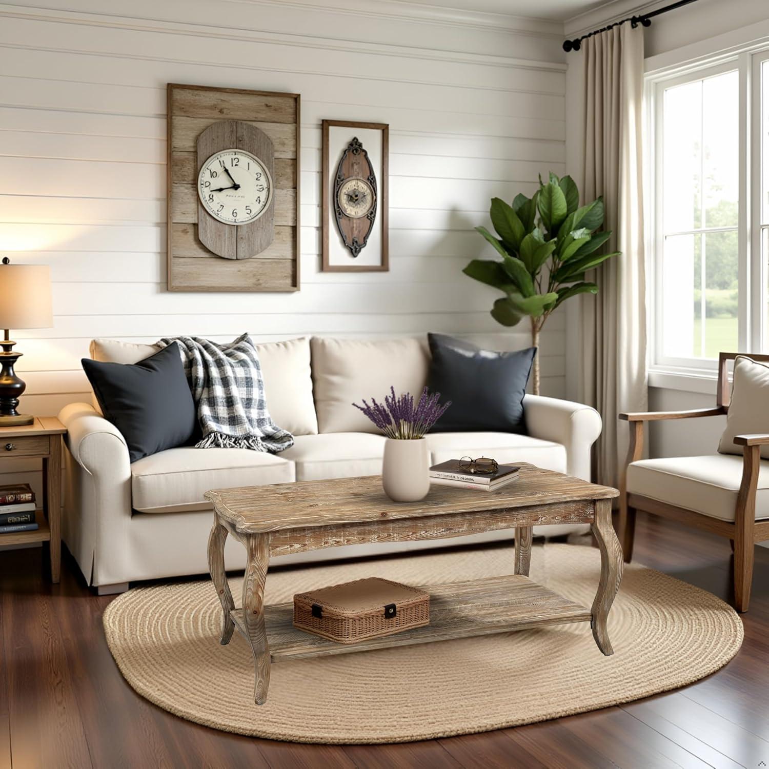 Alaterre Austerity Wood Coffee Table with Open Shelf, Driftwood Natural Finish, Accent & Occasional Furniture, Assemble Required