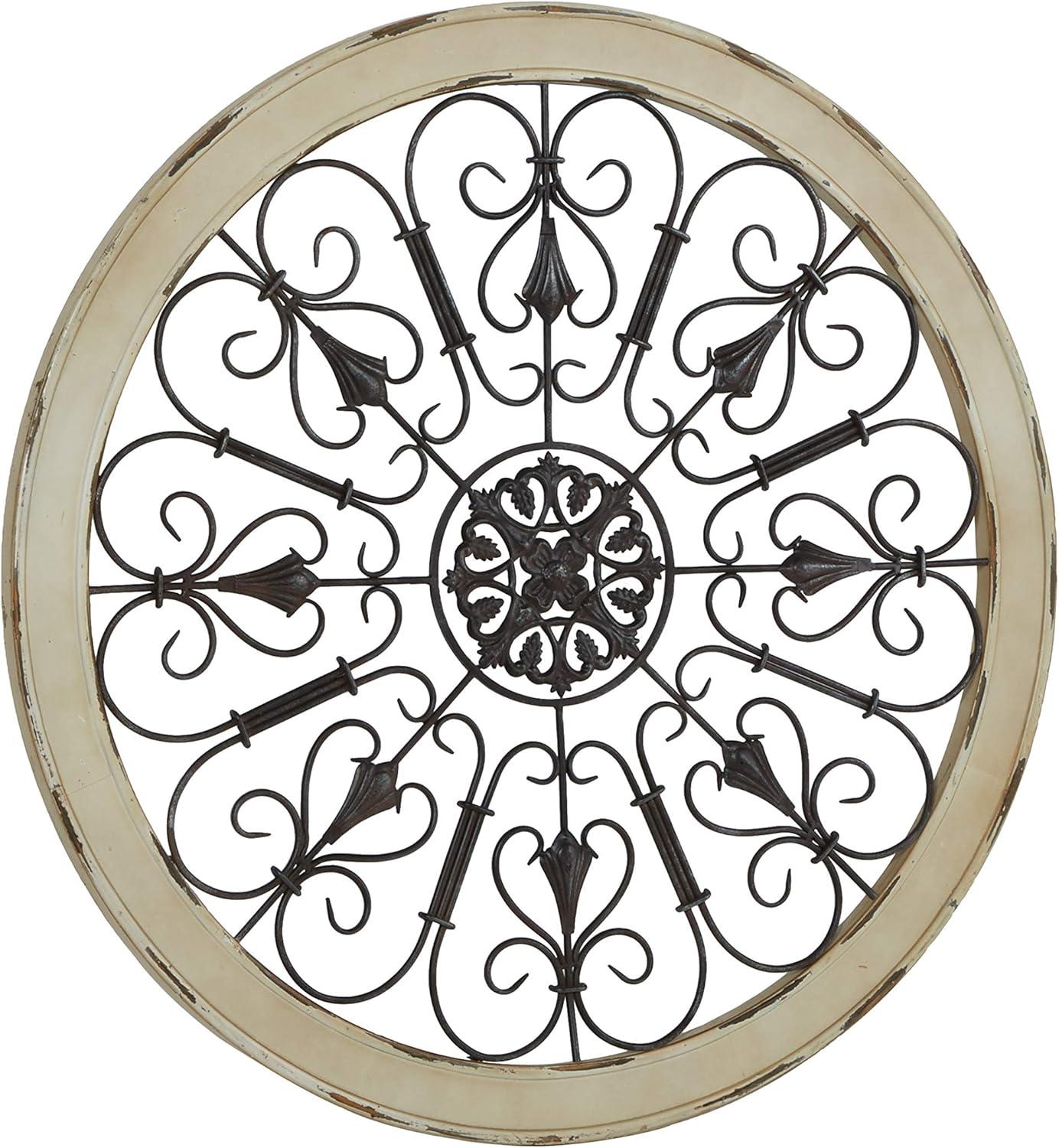 DecMode Brown Wood Arabesque Scroll Wall Decor with Metal Fleur De Lis Relief