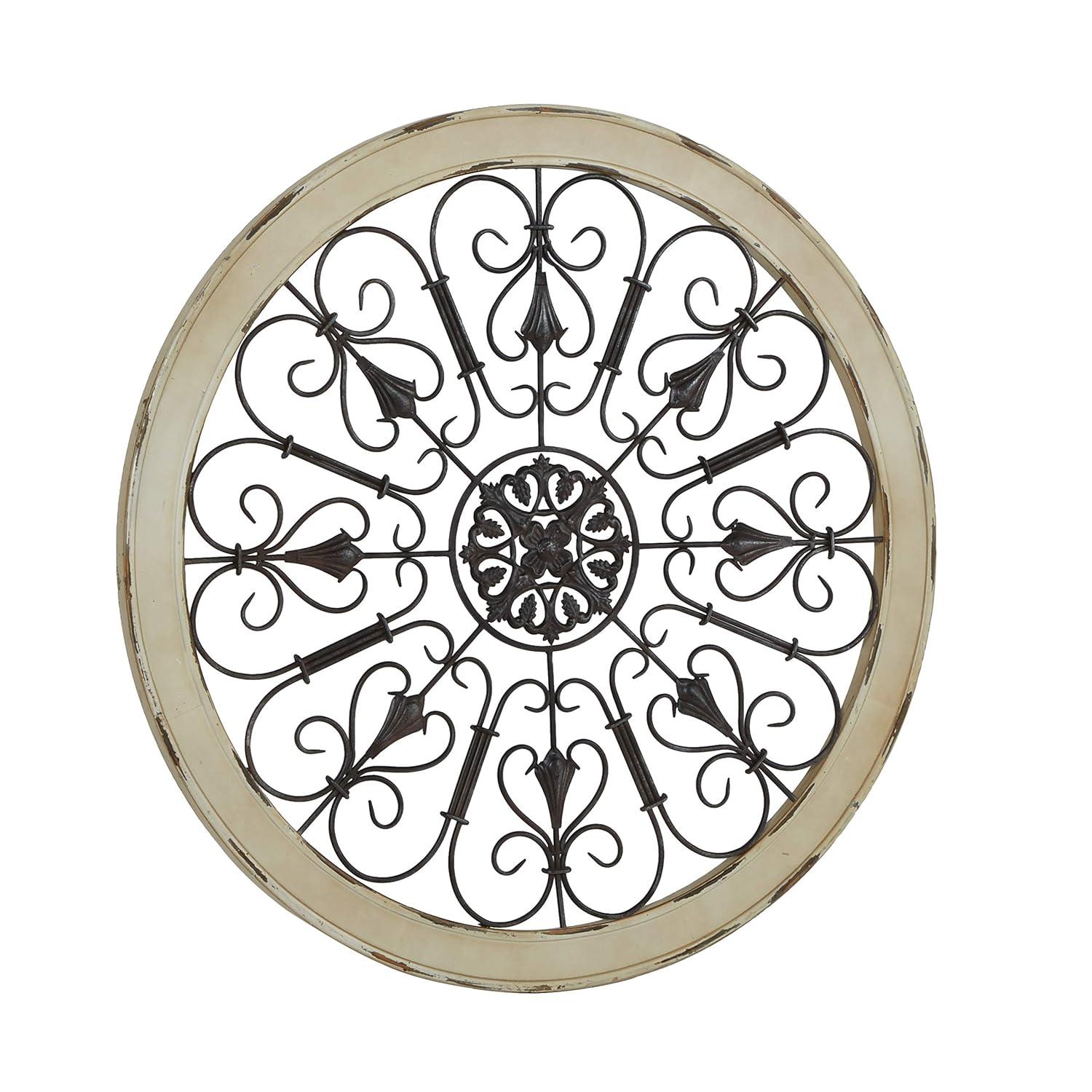 DecMode Brown Wood Arabesque Scroll Wall Decor with Metal Fleur De Lis Relief