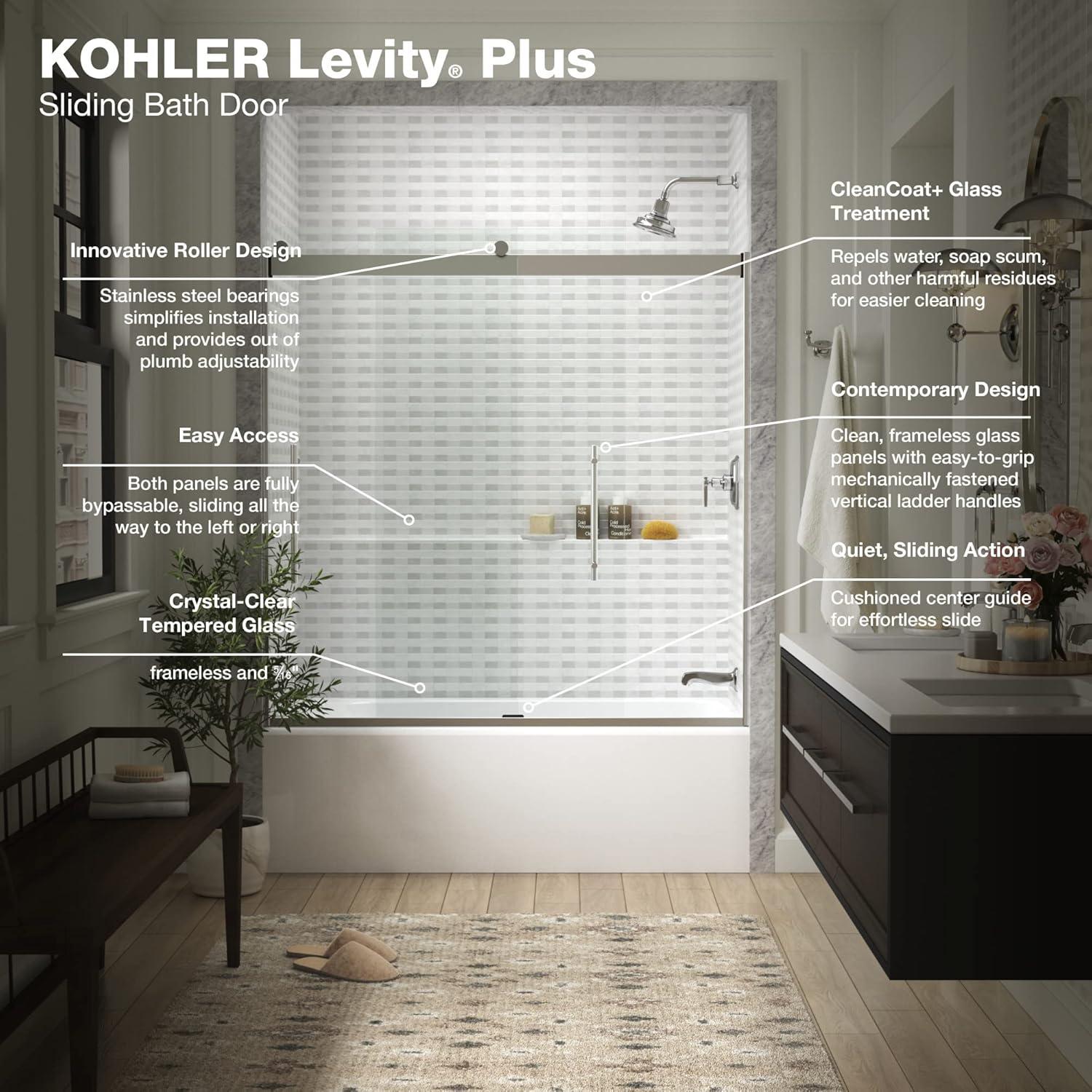 Levity Plus Less Sliding Bath Door, 61-9/16 In. H X 56-5/8 - 59-5/8 In. W, With 5/16 In.-Thick Crystal Clear Glass