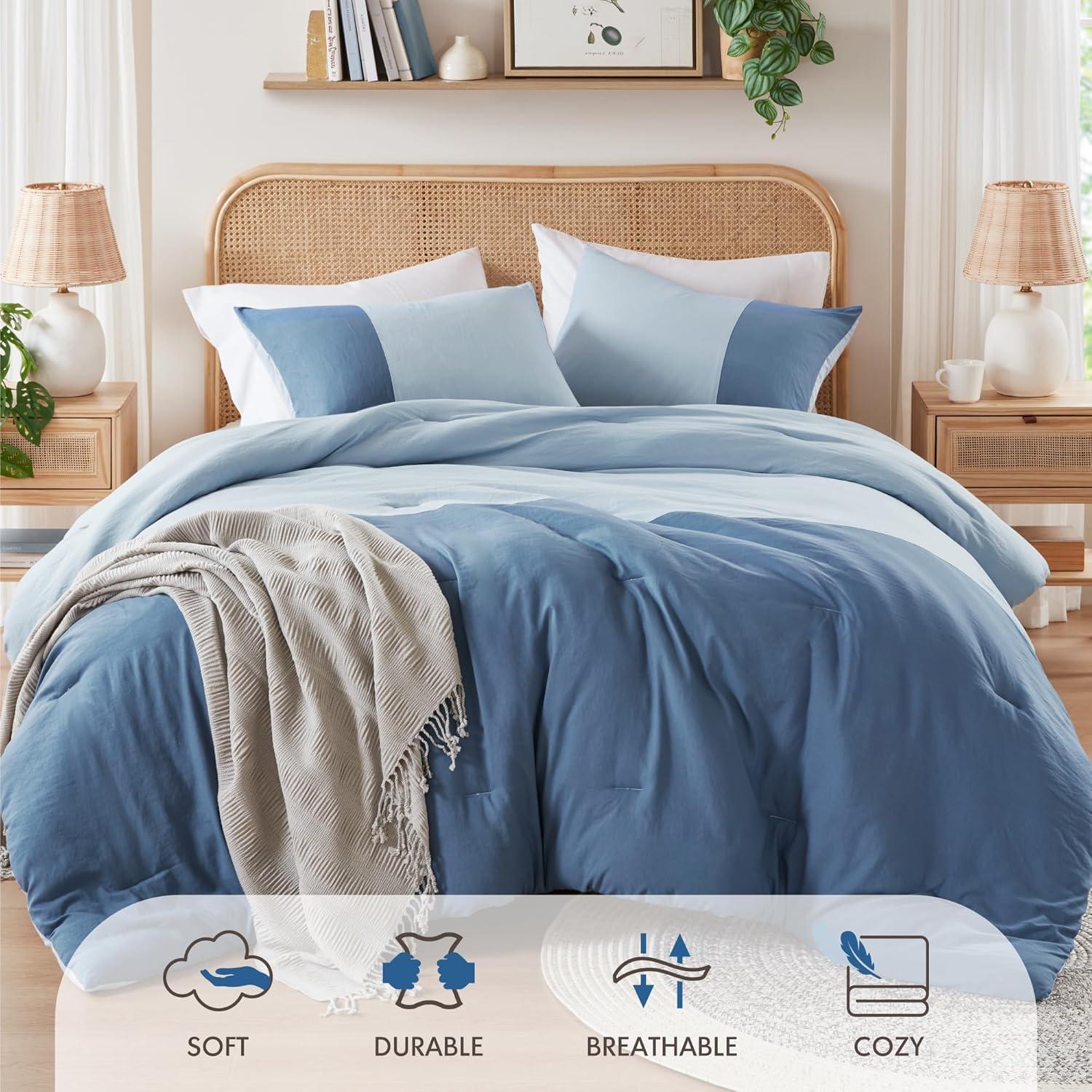 Blue Comforter King Size - Modern Farmhouse Soft Comforters Sets for Men, Masculine Colorblock Pattern Bed Set for All Season, 3 Pieces Includes 1 Comforter, 2 Shams (104"x 90")