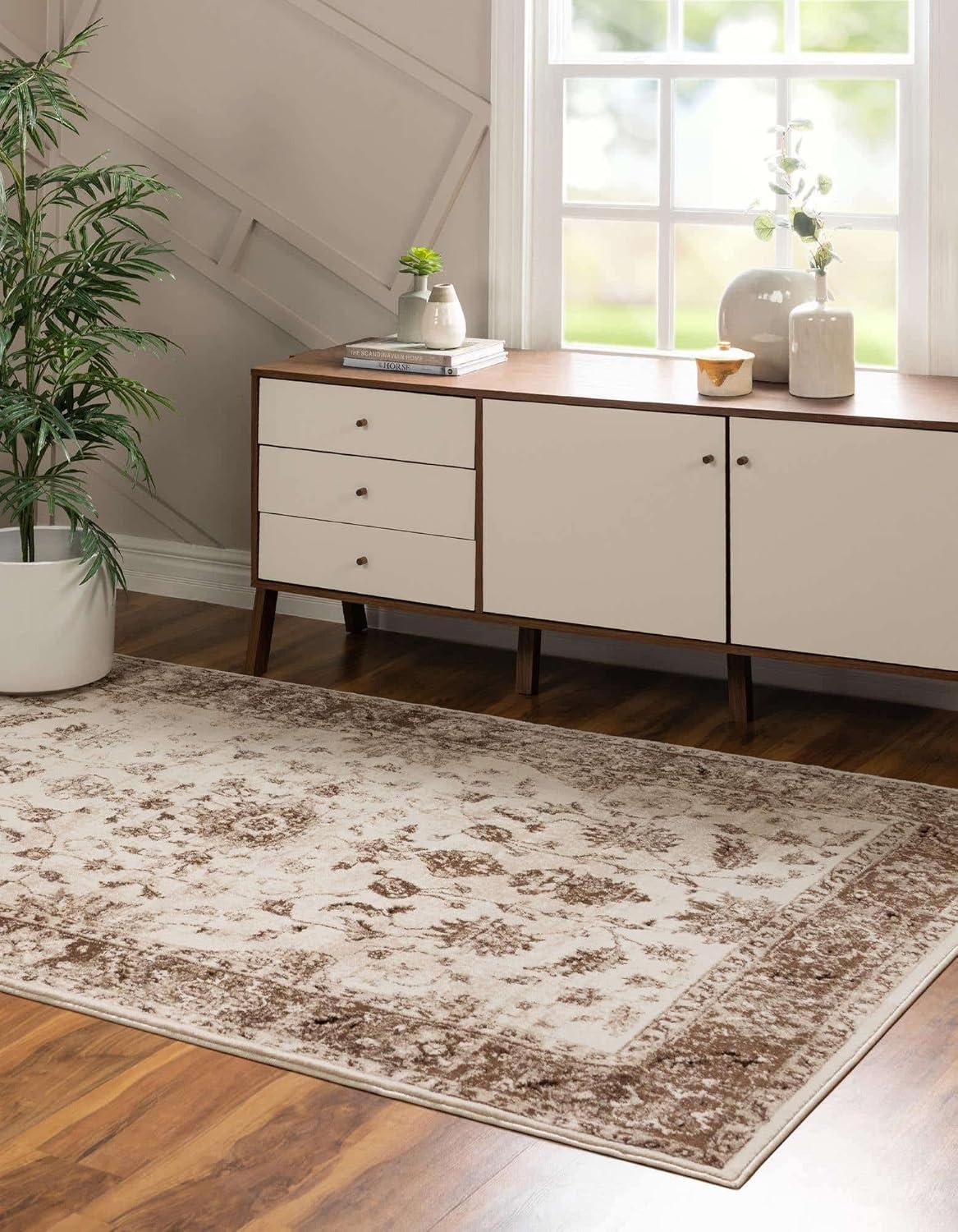 Ivory and Brown Floral Hand-knotted Synthetic 9' x 12' Rug