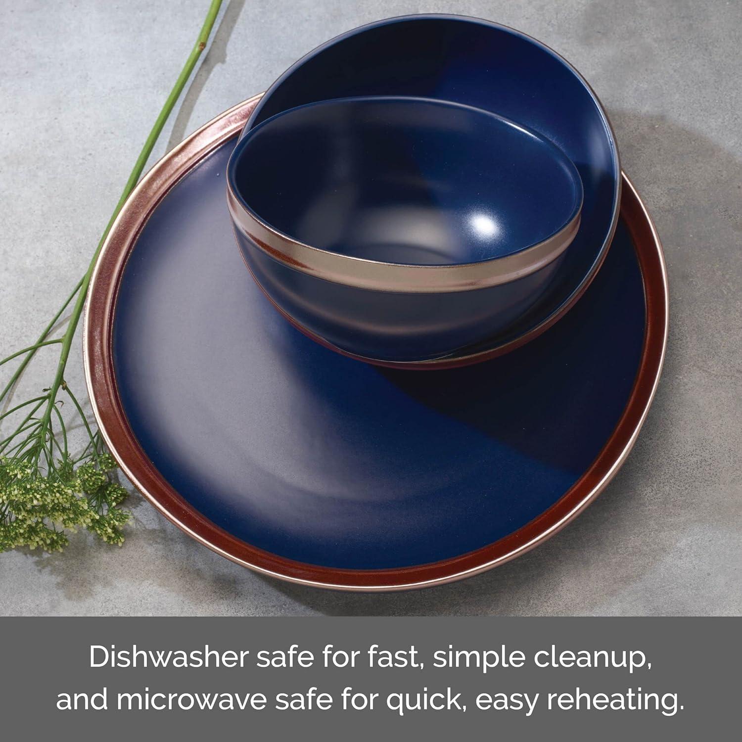 Blue Ceramic Dinnerware Set with Rose Gold Banding, Service for 4