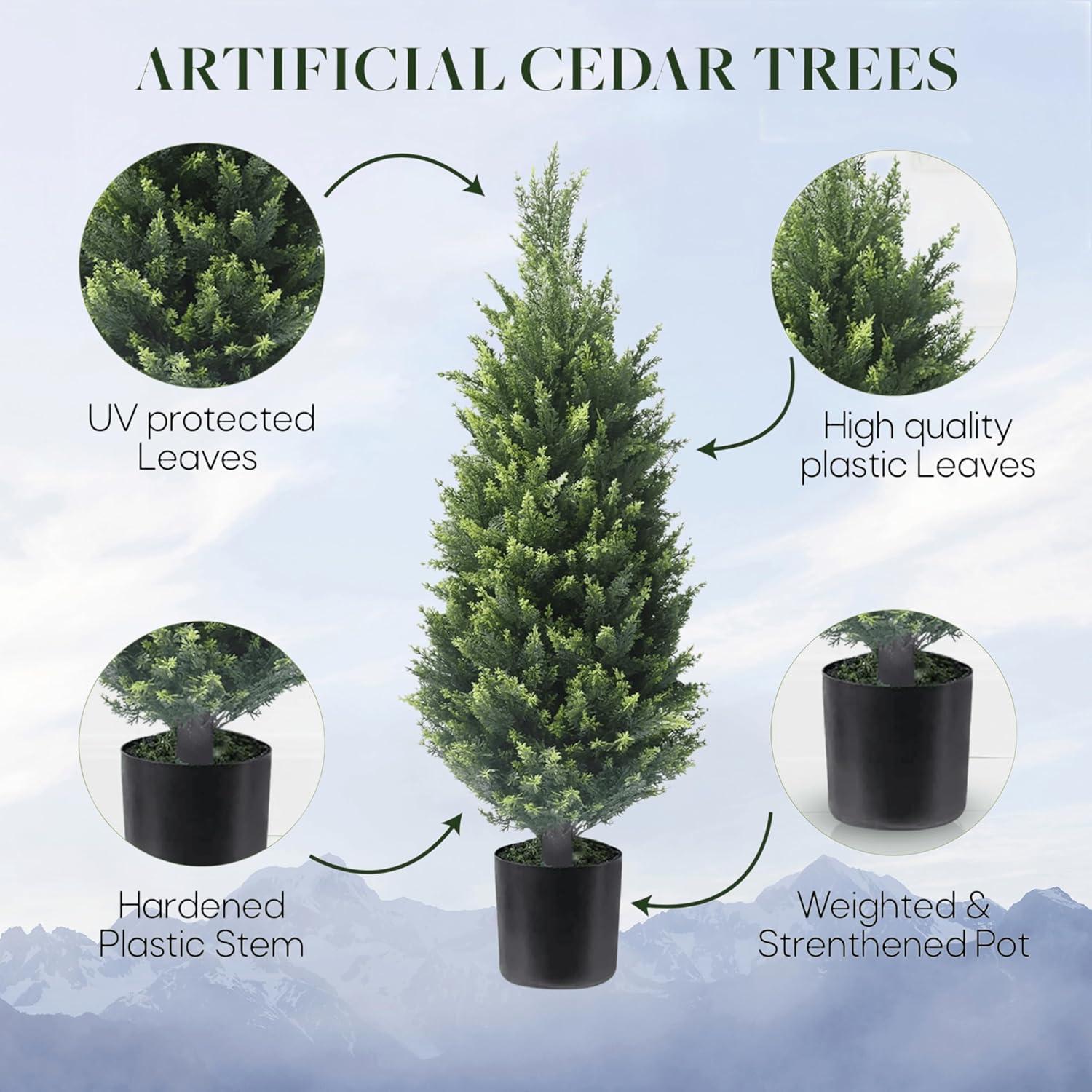 LINBONIO Artificial Cedar Tree 4 ft Artificial Topiary Trees Beautiful Realistic Faux Cedar Pines UV Protection for Longer Life 2Pack