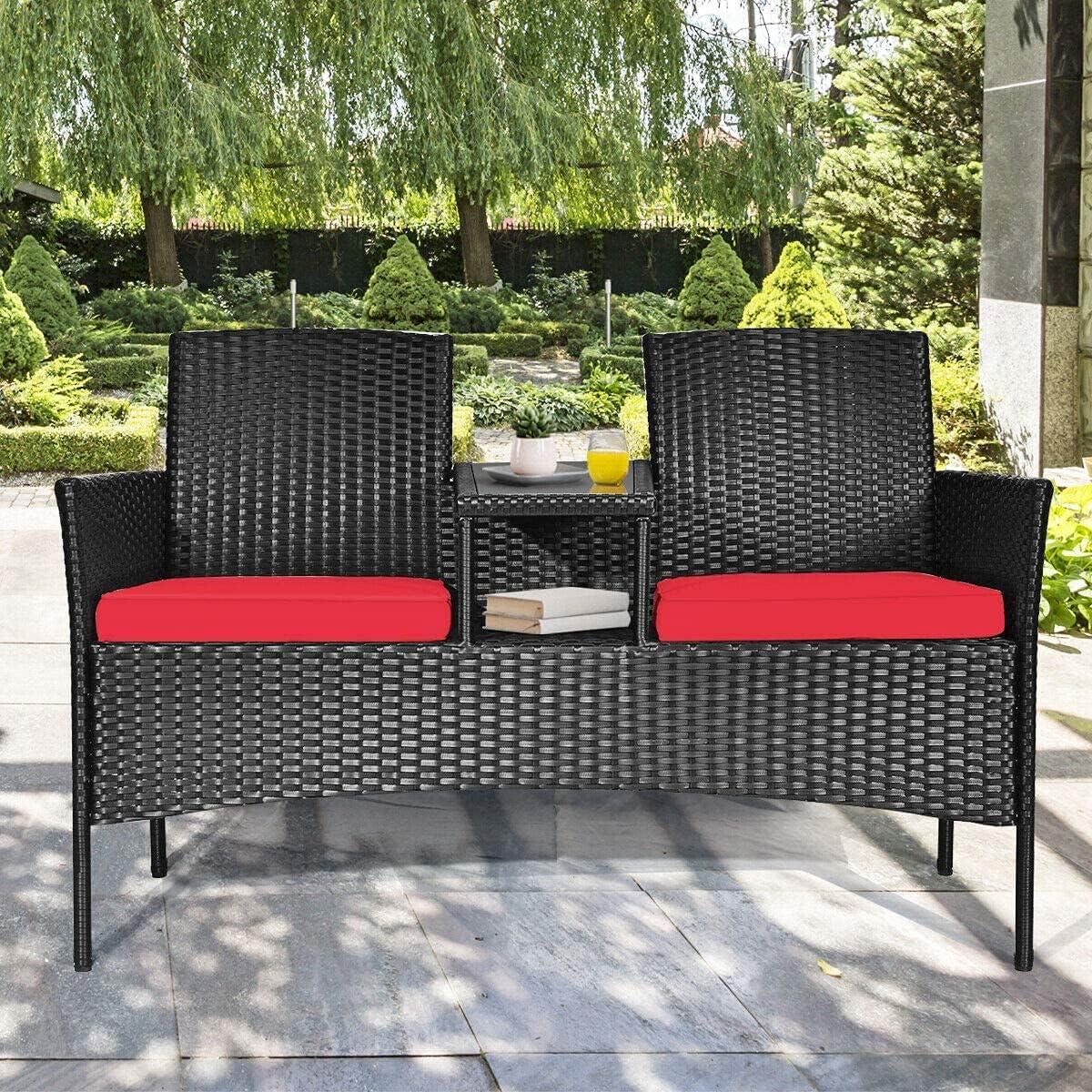 Tangkula Outdoor Rattan Furniture Wicker Patio Conversation Chair W/Cushion Red