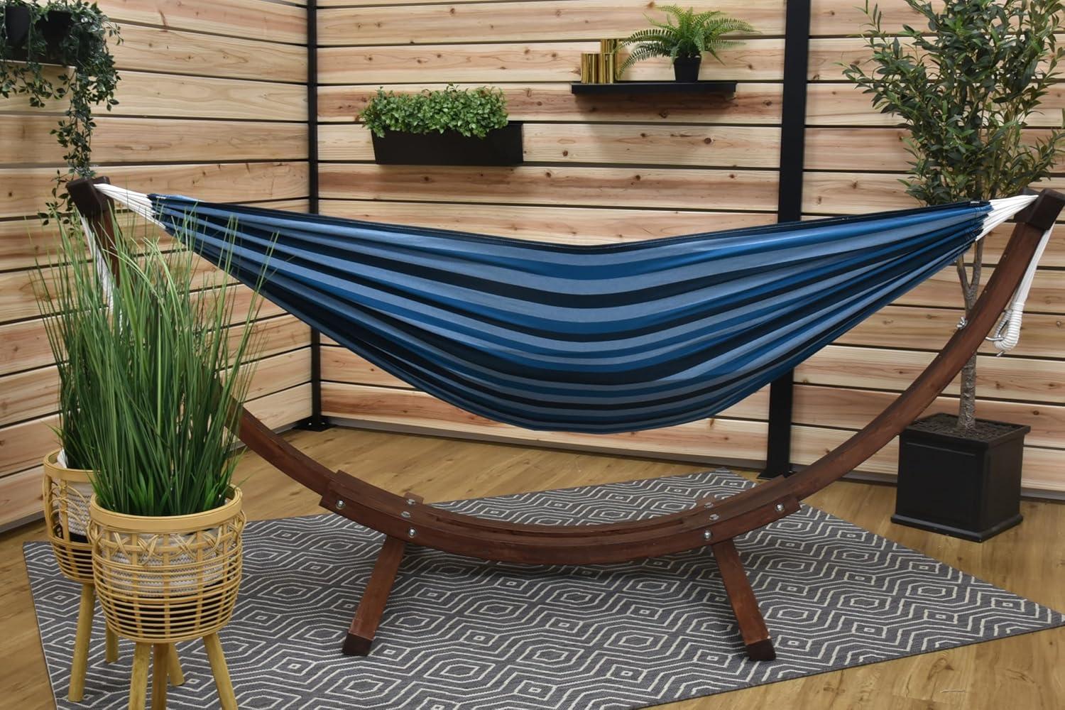 Vivere 8ft Double Cotton Hammock with Solid Pine Arc Stand - Blue Lagoon Color