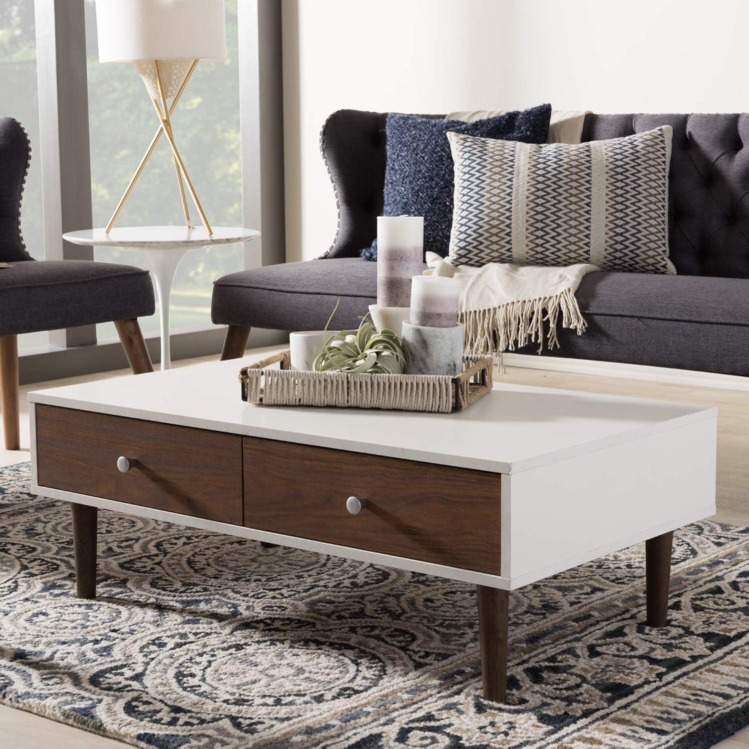 Gemini 38'' White and Walnut Contemporary Coffee Table with Storage