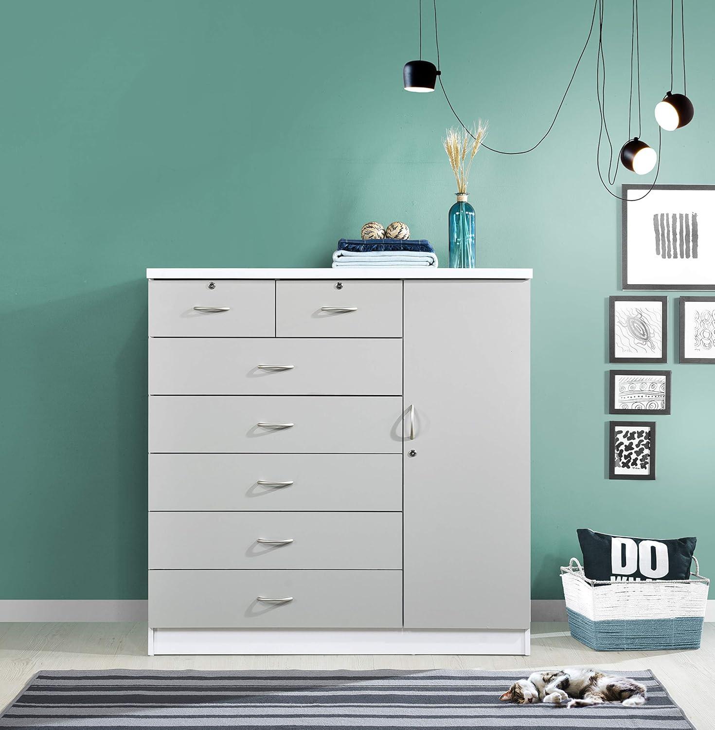 Hodedah 7-Drawer Chest with Locks on 2-Top Drawers plus 1-Door with 3-Shelves, Grey