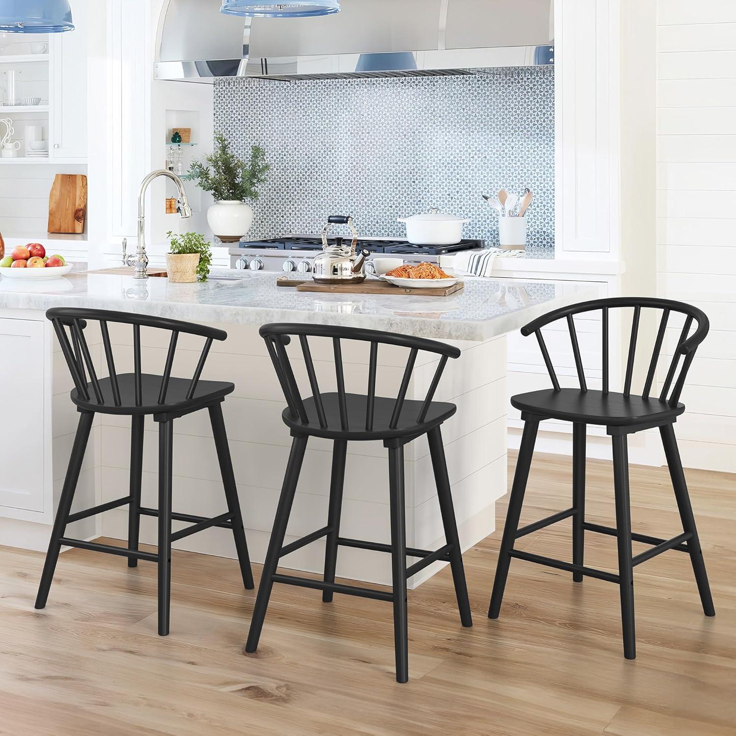 Winson Windsor 24 in. Black Solid Wood Bar Stool for Kitchen Island Counter Stool with Spindle Back Set of 6