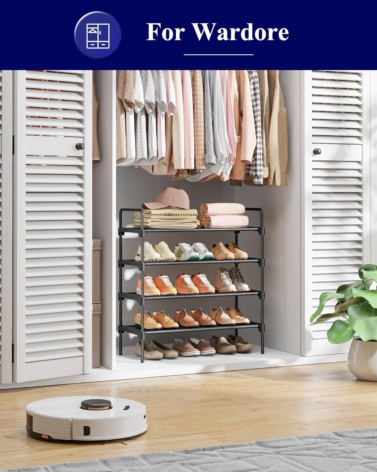 Kitsure 4-Tier Shoe Rack - Metal Shoe Organizer and Shoe Shelf with Handle, Easy-Assembly, Sturdy Shoe Rack for Closet, Entryway, Bedroom (Black, 26.6'' x 11.4'' x 29.5'')