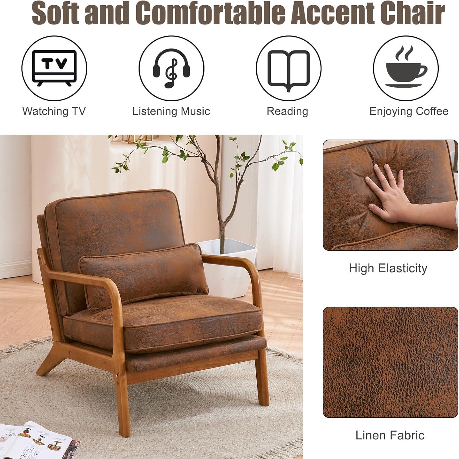 Mid Century Modern Accent Chair,Upholstered Armchair with Solid Wood Frame and Pillows,Reading Leisure Chair for Living Room, Bedroom, Belcony,Brown+Linen