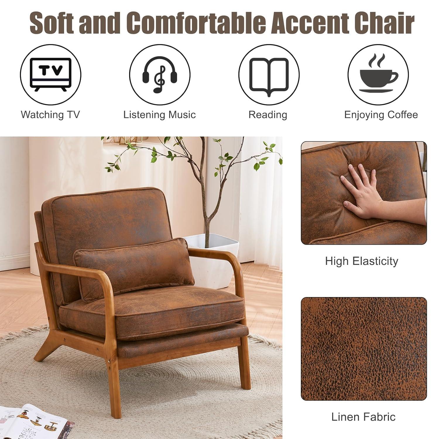 JULY'S SONG Mid-Century Wood Upholstered Fabric Solid Print Armchair, Beige (Set of 2)