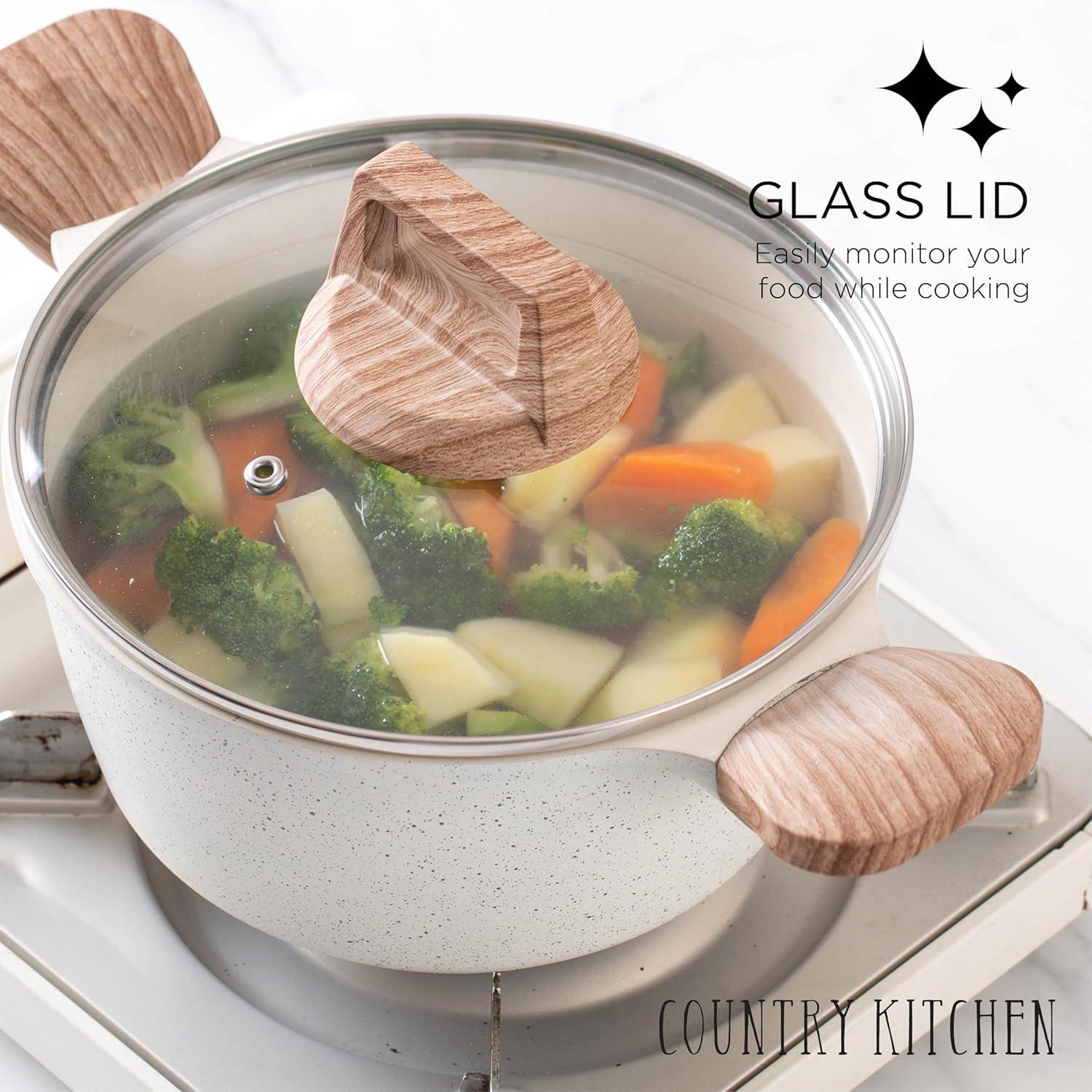 Cream Nonstick Aluminum Cookware Set with Wood Handles, 14 Pieces