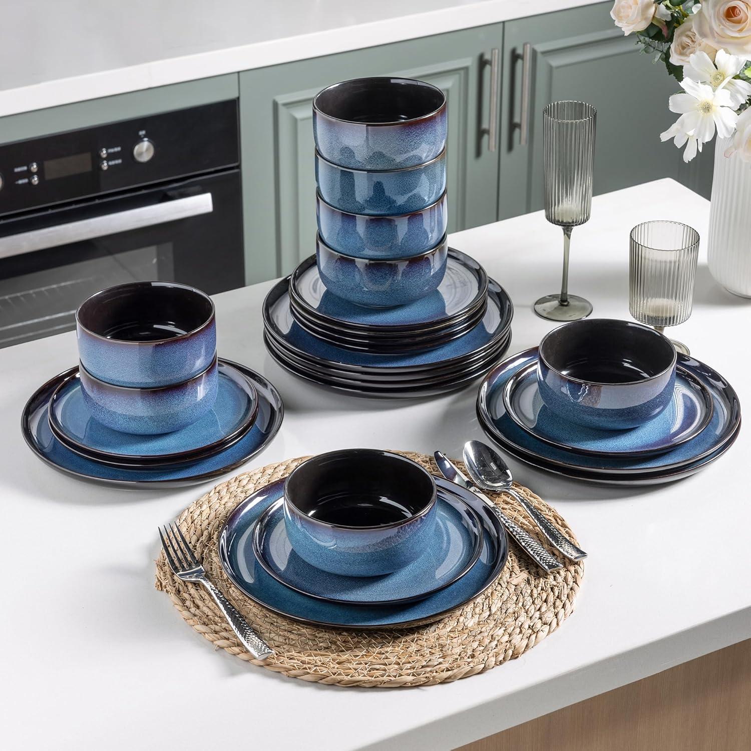 Tableware Set Of 4, Plates And Bowls Set, Handmade Reactive Glaze Cutlery Set, Chip And Scratch Resistant | Oven, Dishwasher And Microwave Safe, Set Of 4 Blue