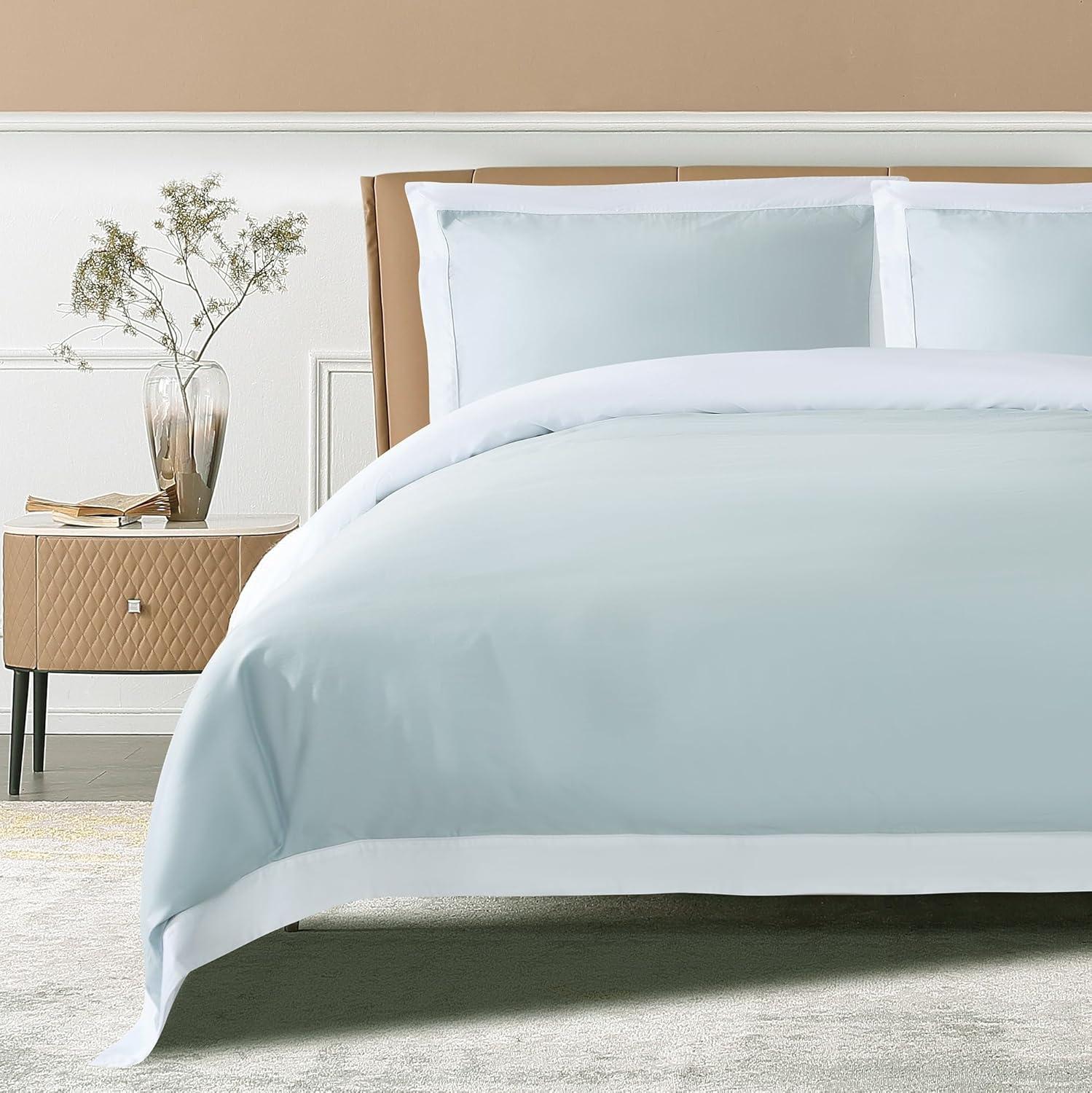 THE COTTON & SILK 100% Luxury Long-staple Cotton Duvet Cover Set (1 Duvet Cover, with Corner Ties and Hidden Zipper Closure, 2 pillow shams), Queen Size, Misty Blue + White