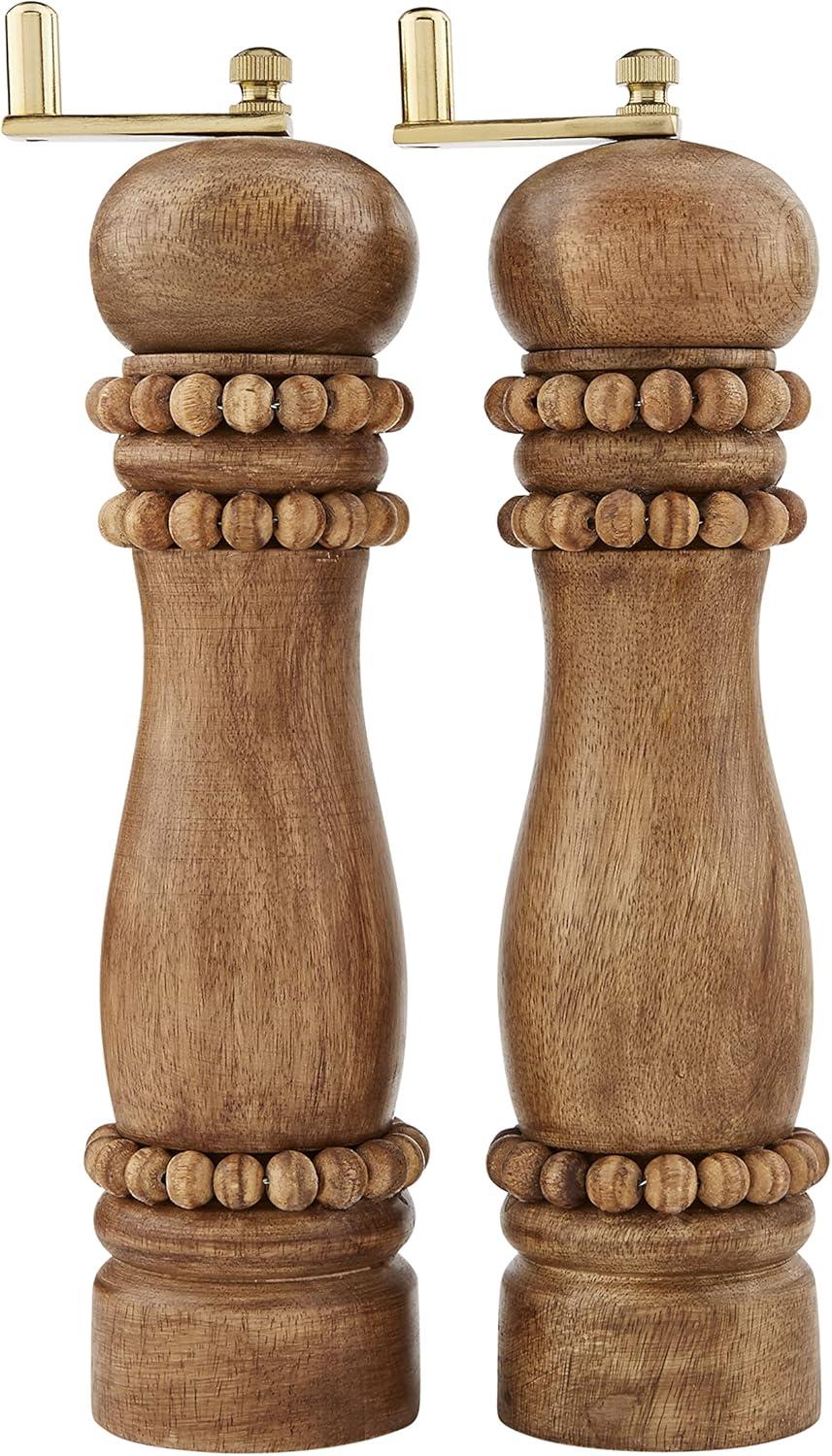 Beaded Mango Wood Salt & Pepper Grinder Set with Brass Hardware, 9.25"