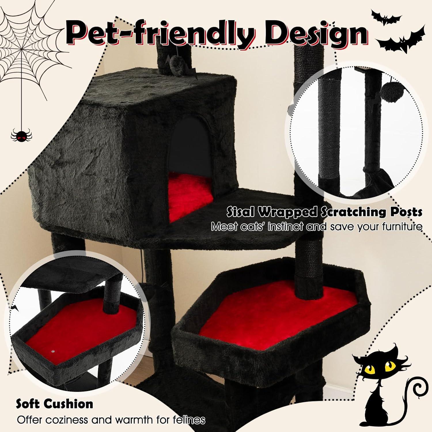 PETSITE 83 Inch Tall Gothic Cat Tree, Multi-Level Halloween Cat Tower with Coffin Beds, Scratching Posts, 2 Cat Condos, Dangling Balls, Hammock, and Basket Bed, Goth Cat Tree for Indoor Cats, Black