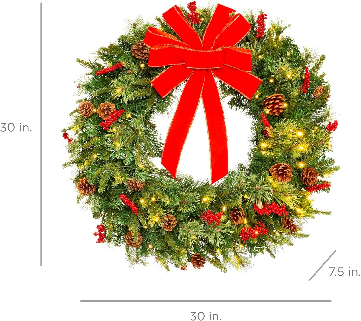 Best Choice Products Pre-Lit Battery Powered Christmas Wreath Decoration w/ PVC Tips, Ribbons