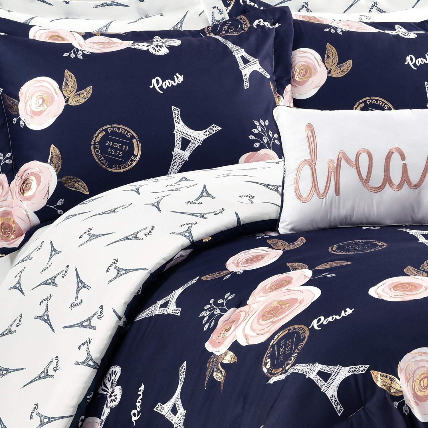 Lush Decor Vintage Paris Rose Butterfly Script Microfiber Reversible 7 Piece Comforter Set