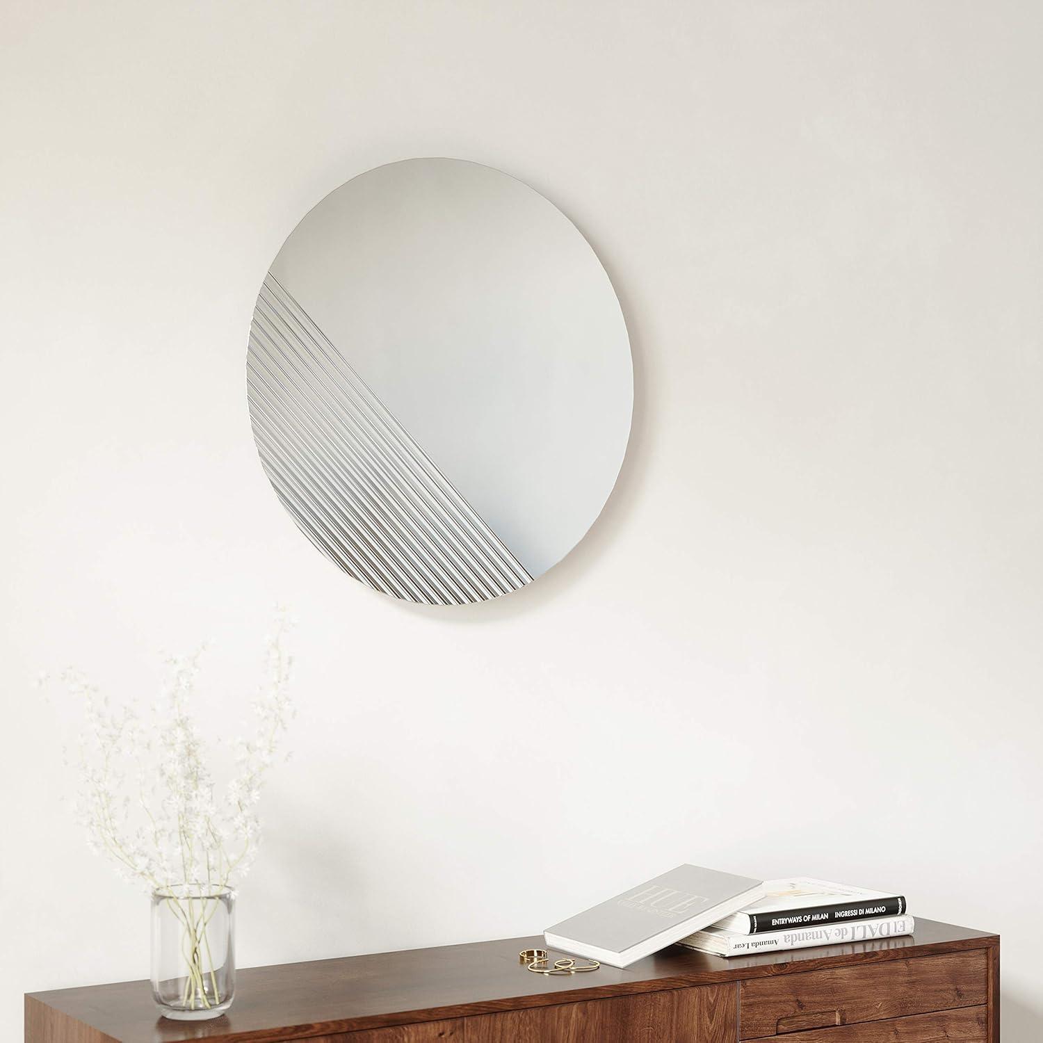 Clear Frameless Round Wall Mirror with Ridge Detailing