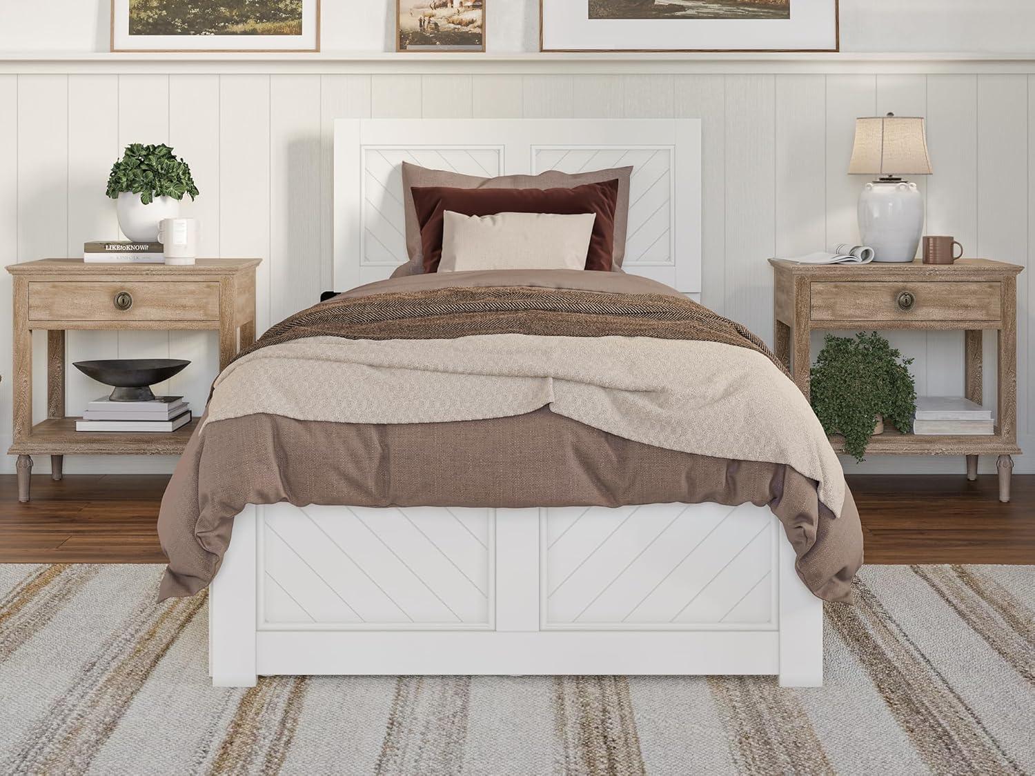 White Twin XL Wood Platform Bed with Trundle and Headboard