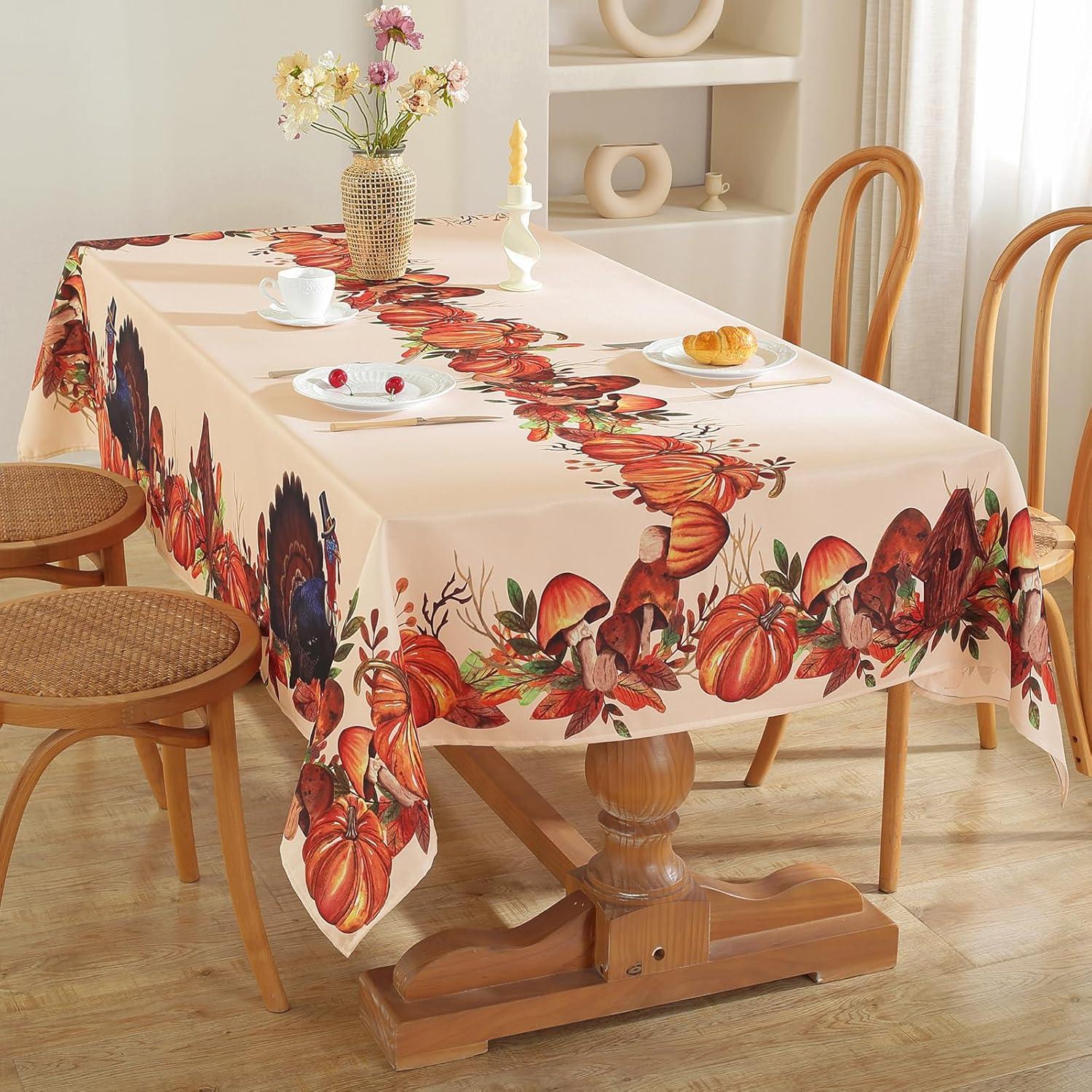 Elrene Holiday Turkey Bordered Fall Tablecloth - White/Red - Elrene Home Fashions