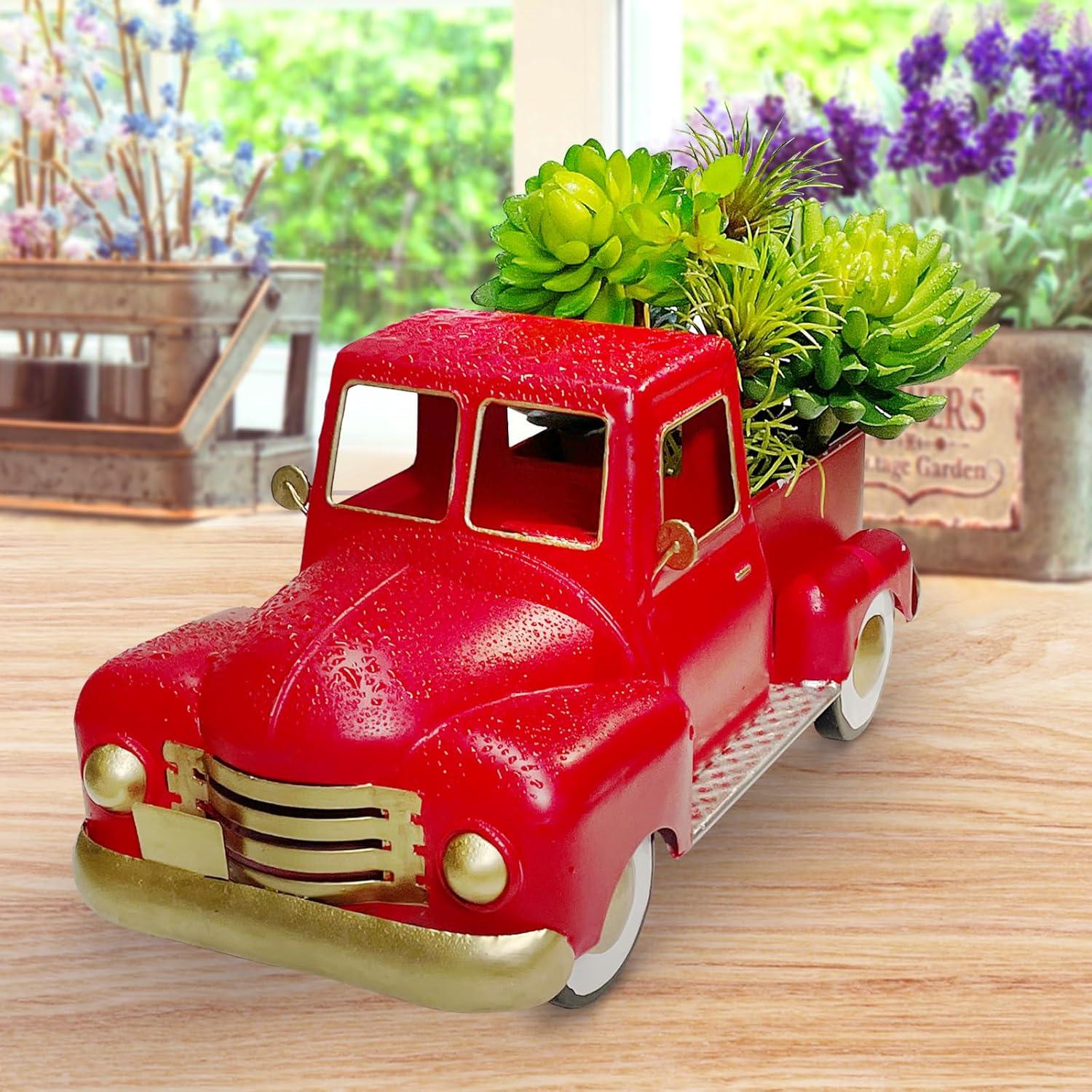 Vintage Red Metal Truck Sculpture with Gold Accents