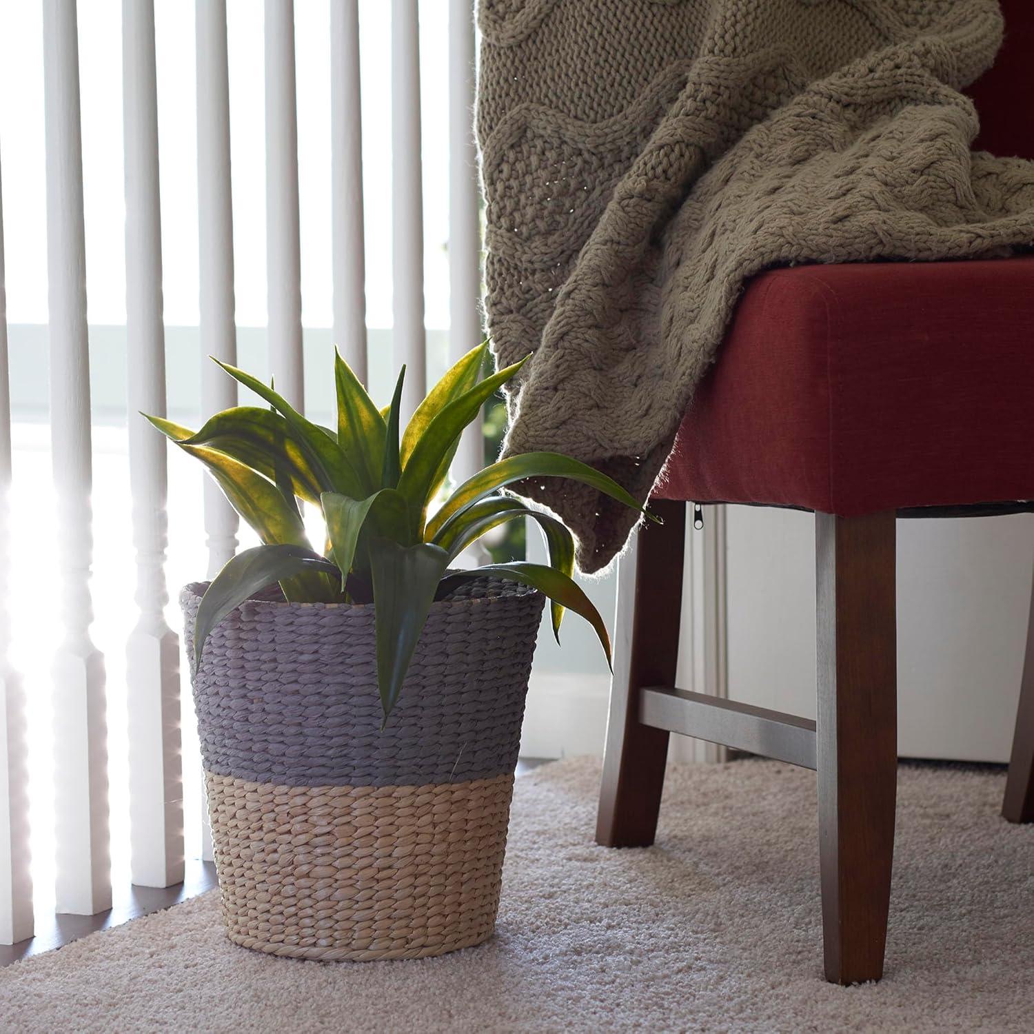 Gray and Natural Wicker Two-Tone Waste Basket